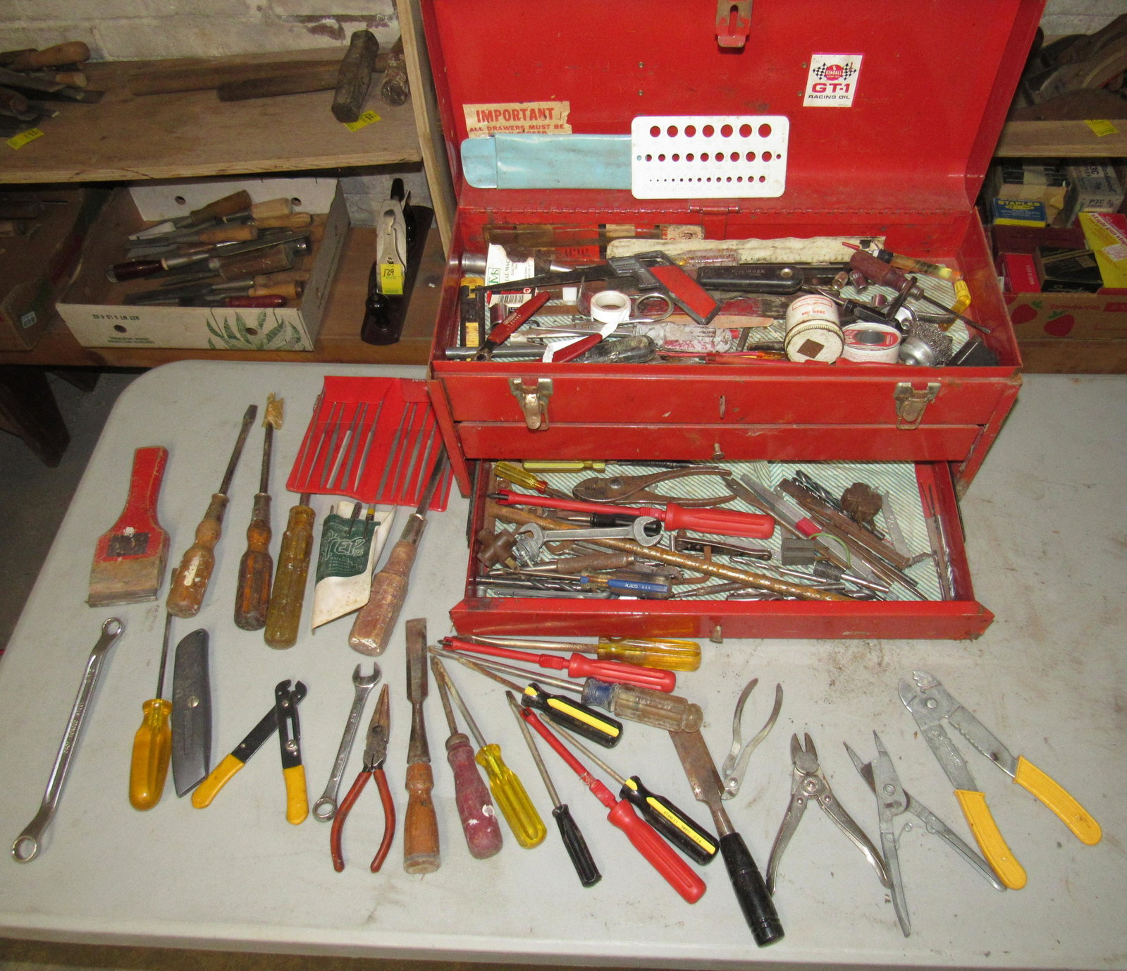 Tool Box with Contents Screwdrivers Chisels Files: Getting all pictured on table ( Nothing in background of photo)