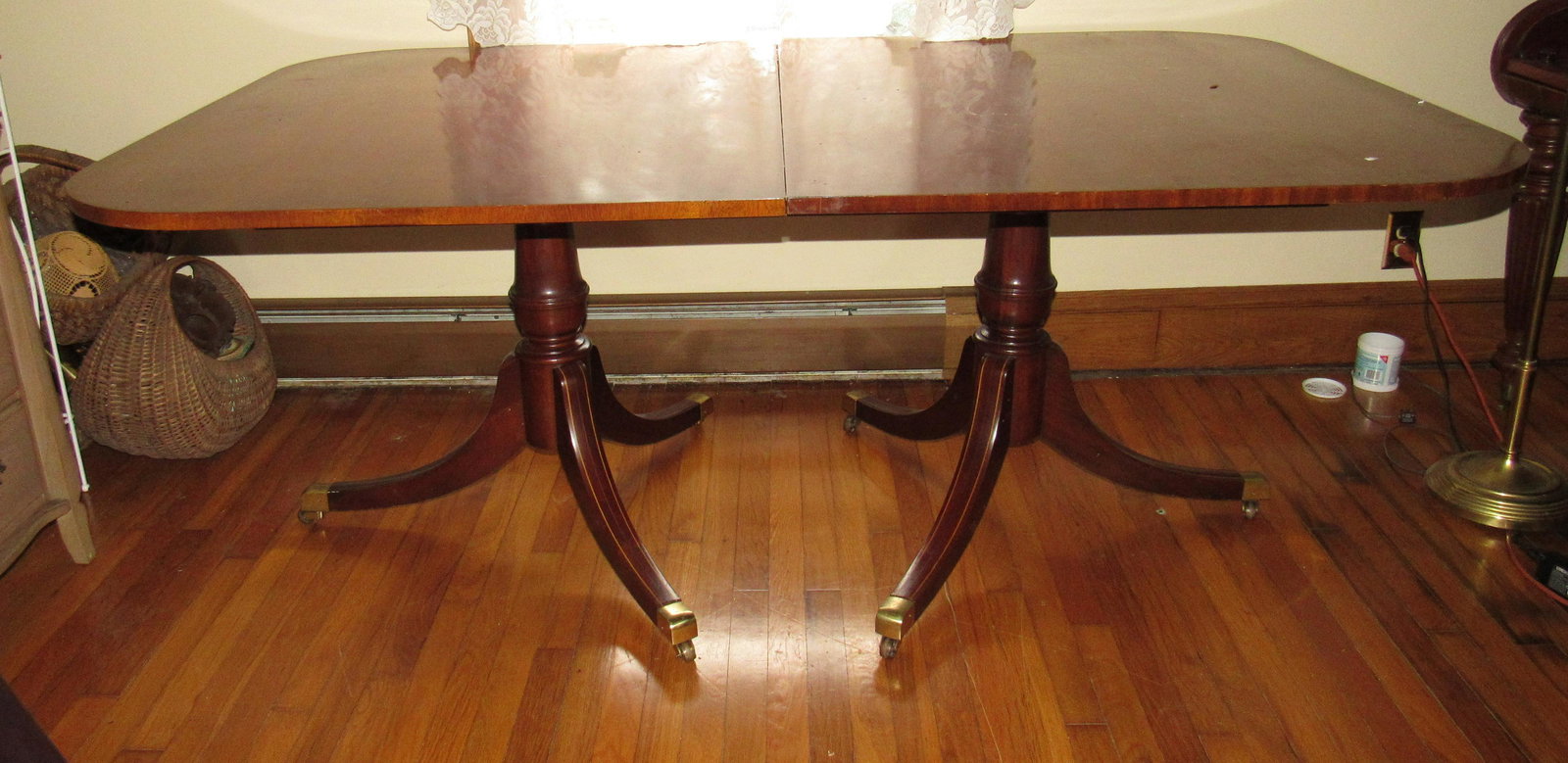 Duncan Phyfe Style Dining Room Table: As pictured, it is approx 46" x 72" x 29 1/2" tall. Comes with 2 extra leaves ( approx 22" each) and table pads. Table pads have hair on them