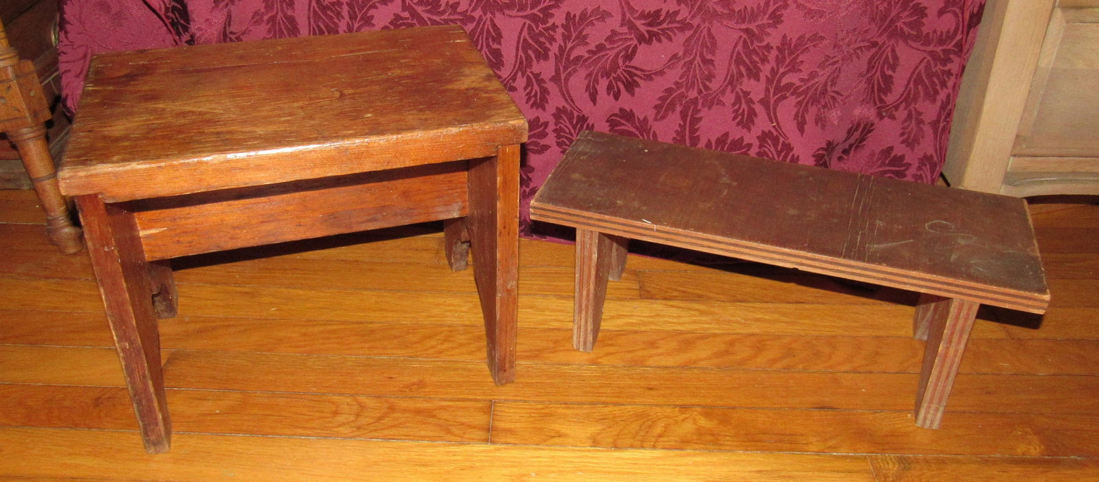 2 Foot Stools: One on left is approx 9 1/2 "x 14" x 11" tall. One on right is made of plywood
