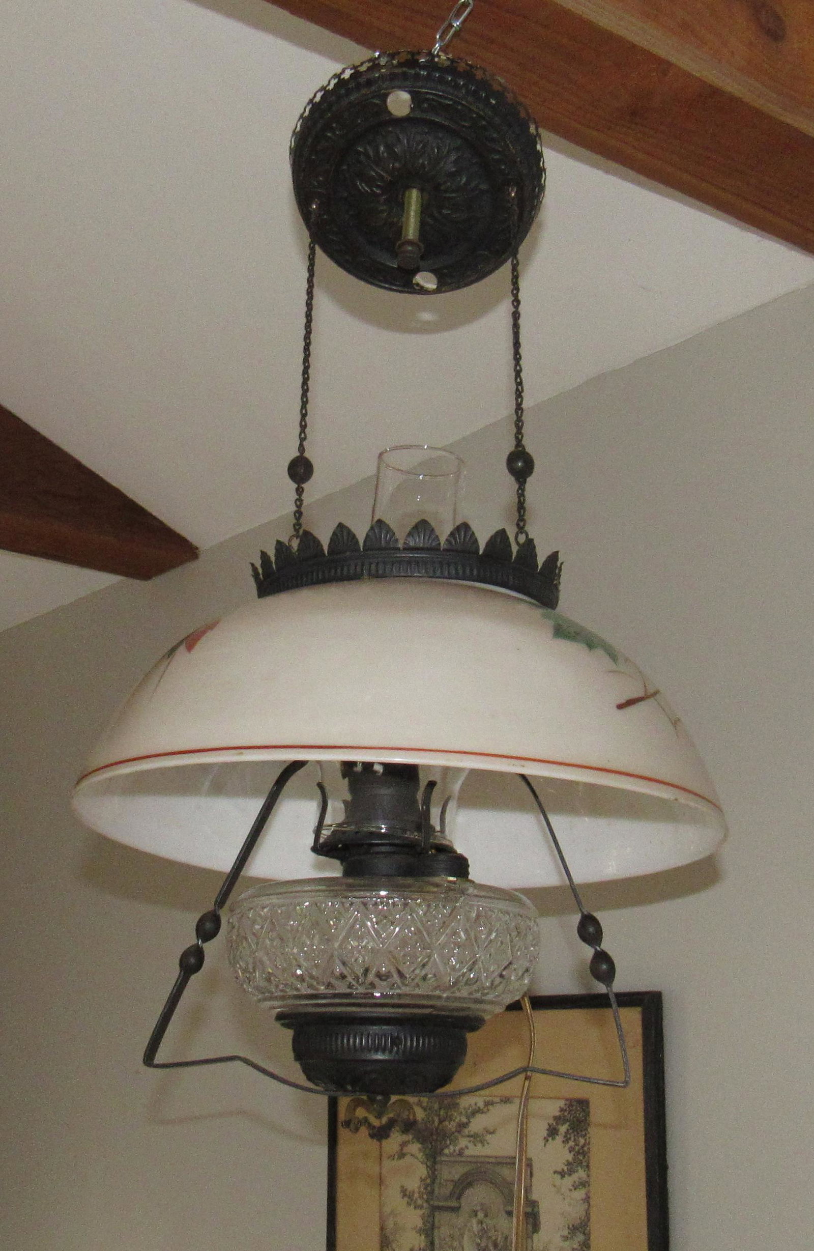 Hanging Light Fixture with Hand Painted Shade: Shade is approx 13 1/2" in diameter. Total fixture height is approx 23"