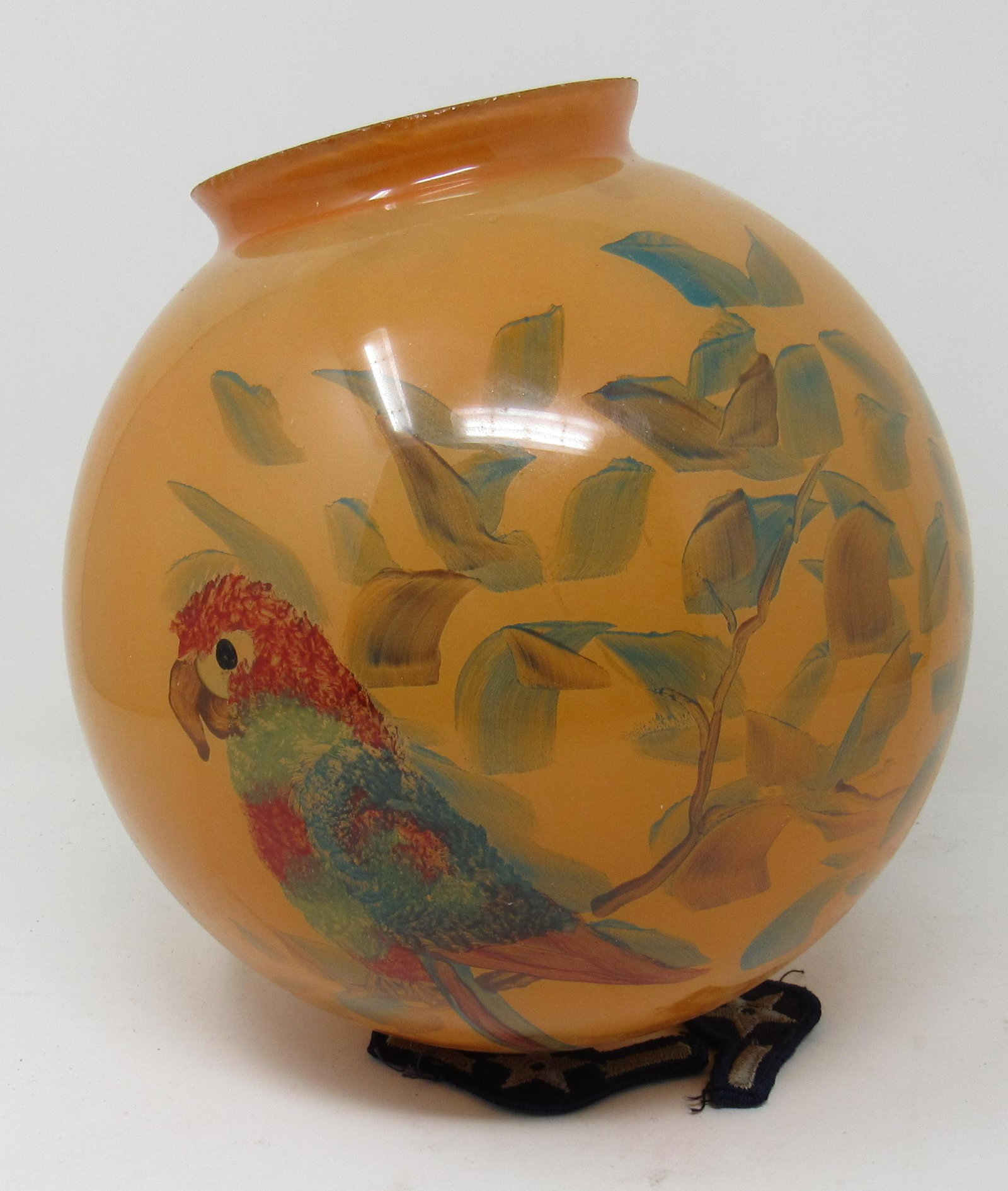 Antique Reverse Painted Parrot Lamp Shade: Apprx 7 1/2" in diameter. It is approx 3 7/8" outside diameter around fitter.