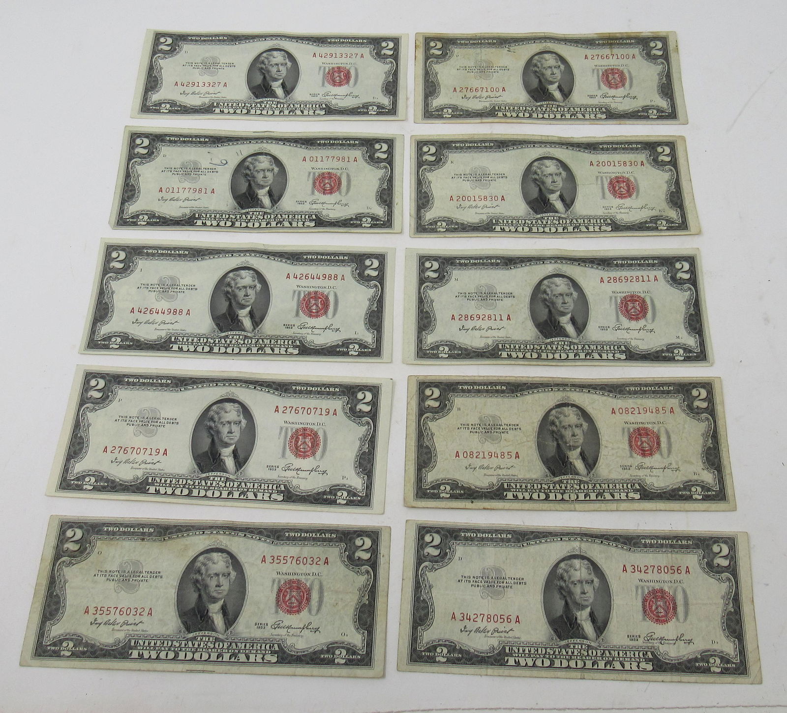 10 1953 Series $2 Dollar Bills Red Seal: There are 10 in this lot.