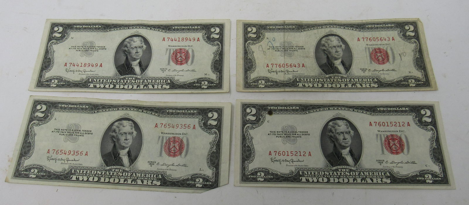 4 Series 1953 C $2 Dollar Bills Red Seal: Getting all 4 pictured