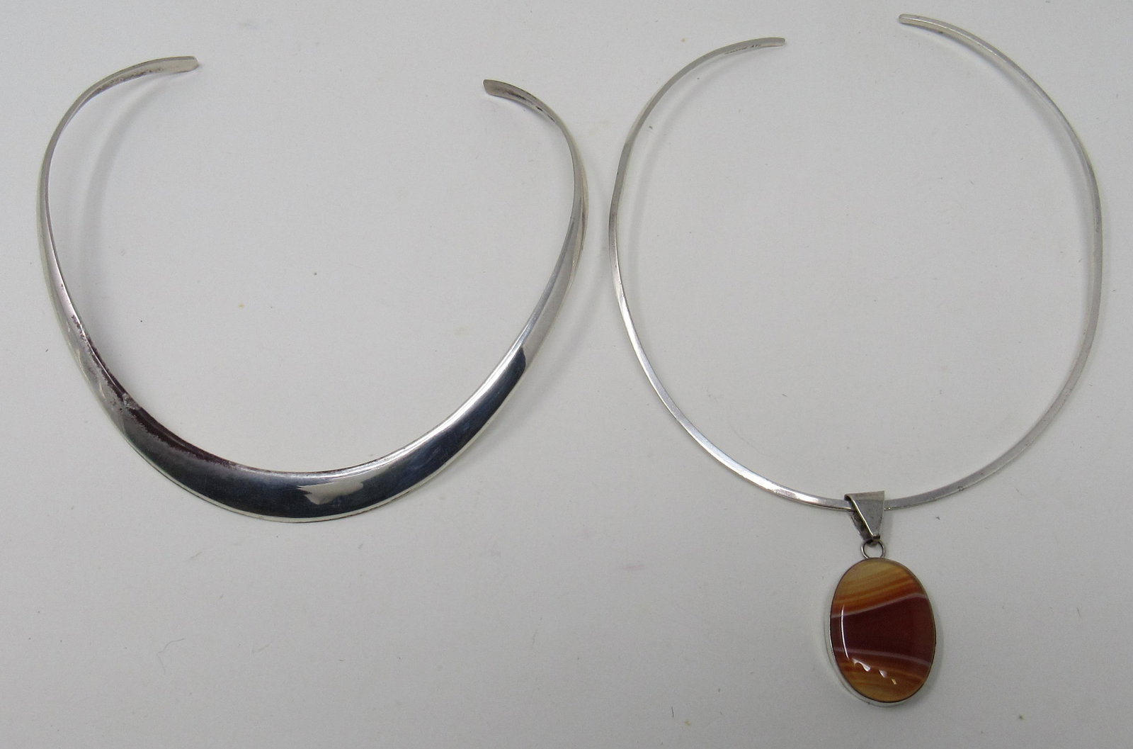 2 Mexico Sterling Silver Choker Necklaces: one on left is approx 5 1/8" wide at widest point