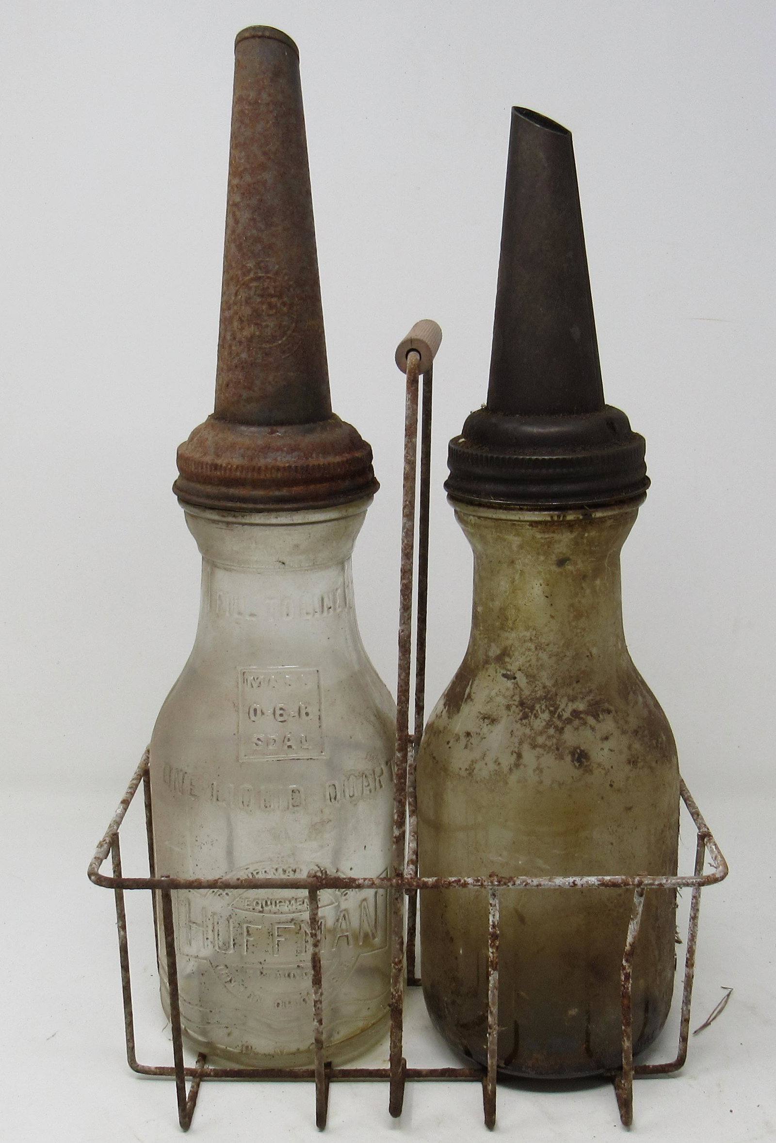 2 Oil Bottles and Carrier 1 Huffman: Bottles are approx 14" tall