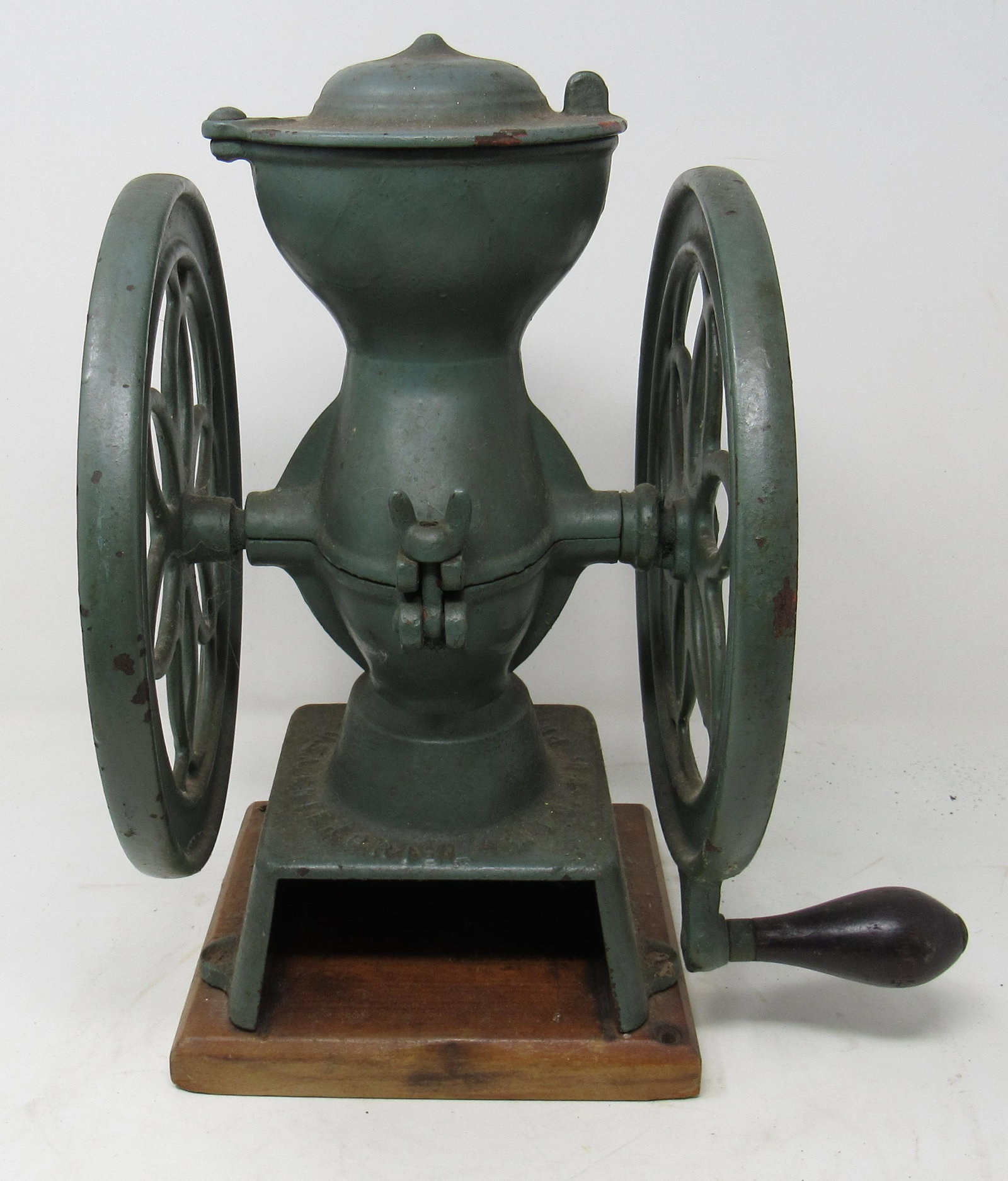 1873 Enterprise Coffee Grinder Mill: Approx 12 3/4" tall, with 8 3/4" diameter wheels.
