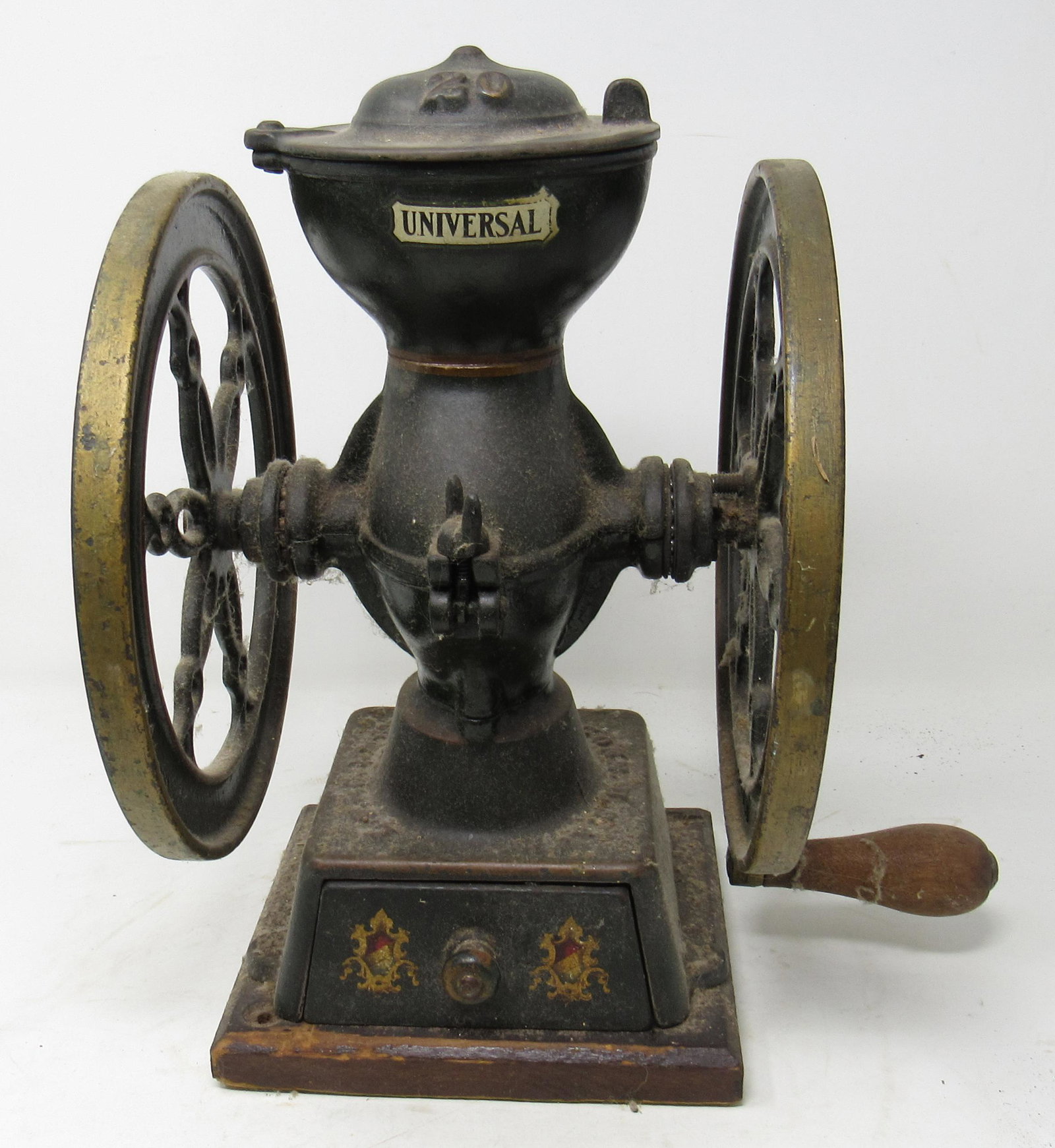 Landers Flary & Clark 20 Coffee Mill Grinder: Universal Coffee grinder, Apprx 12 1/2" tall and 8 5/8" diameter wheels.