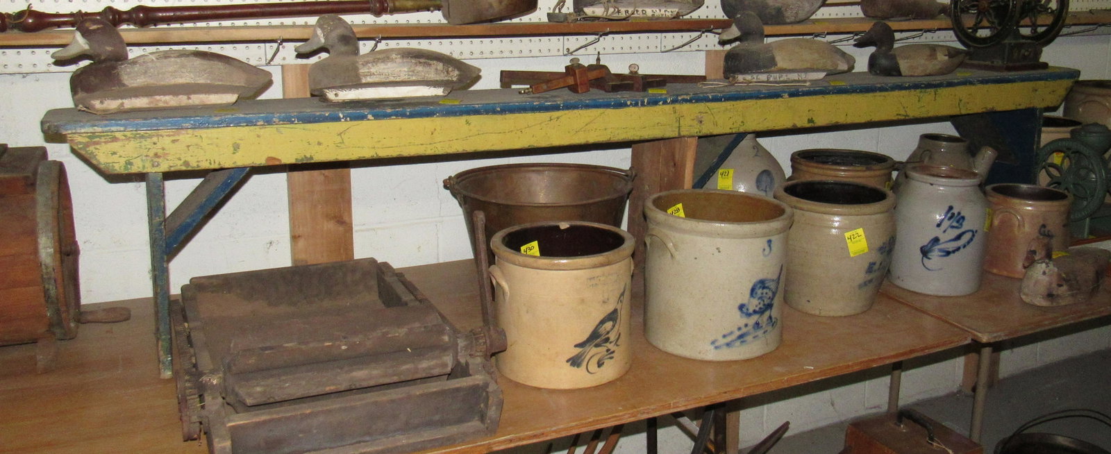 Primitive Bench in Blue & Yellow Paint: Bench is approx 9 3/4" x 95 1/2" x 18" tall. DOES NOT INCLUDE ANY OTHER ITEMS PICTURED