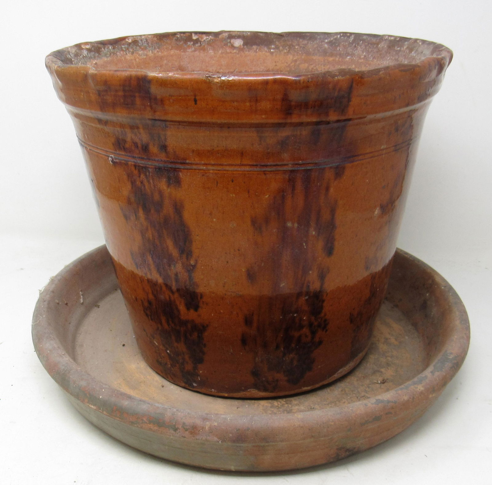 Redware Planter and Tray: Planter is approx 10 1/2" in diameter and 9" tall.