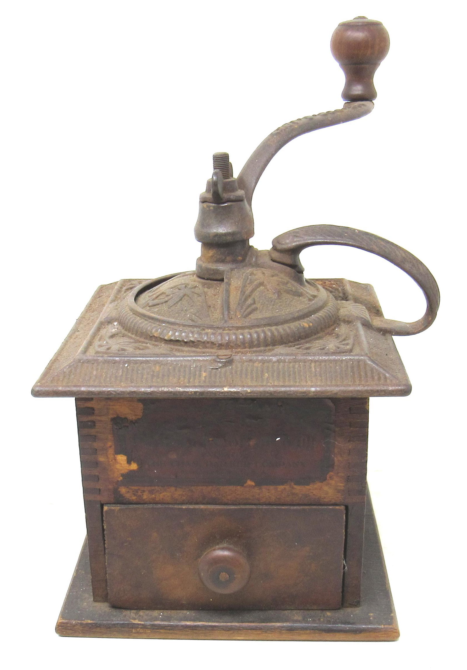 Antique 1917 Lap Top Coffee Grinder: Approx 6" x 6" x 10 3/4" tall.