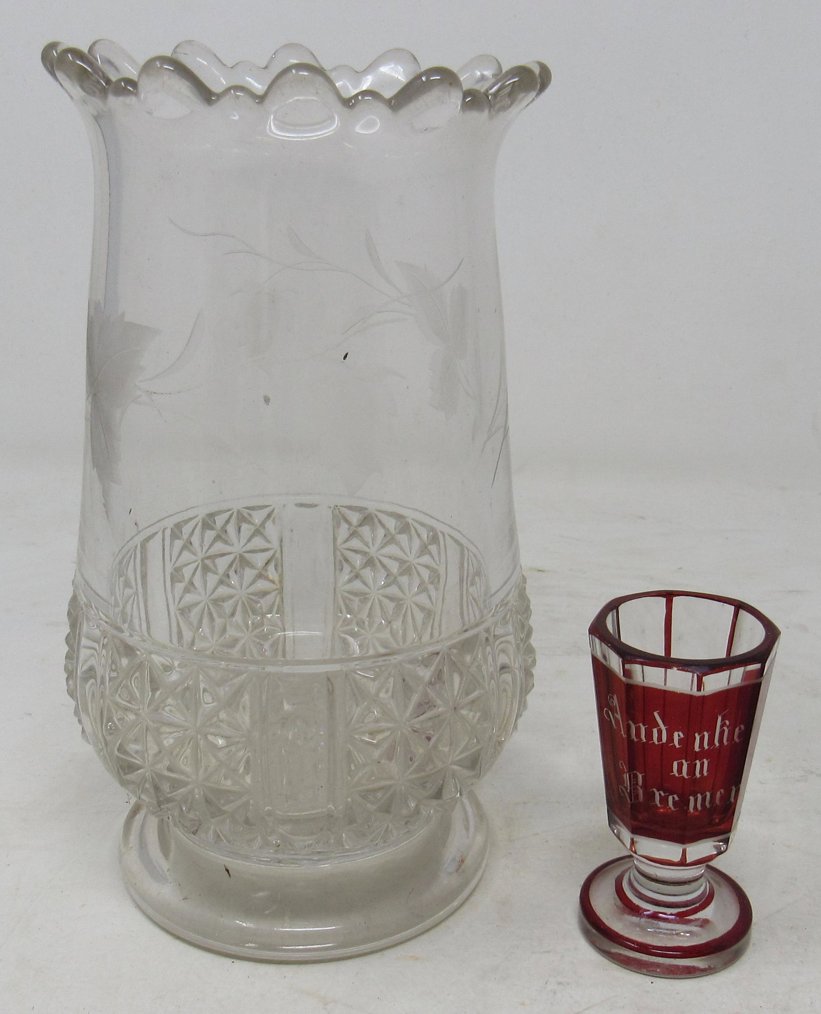 Etched Vase and Shot Glass: Vase is approx 3 3/4" in diameter and 7" tall