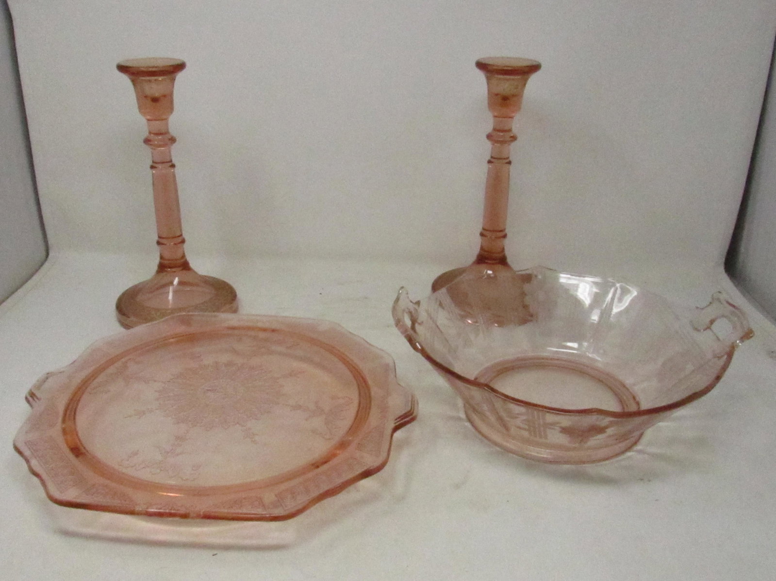 Pink Depression Cake Stand Bowl Candle Holders: Candle Sticks are approx 9 1/2" tall