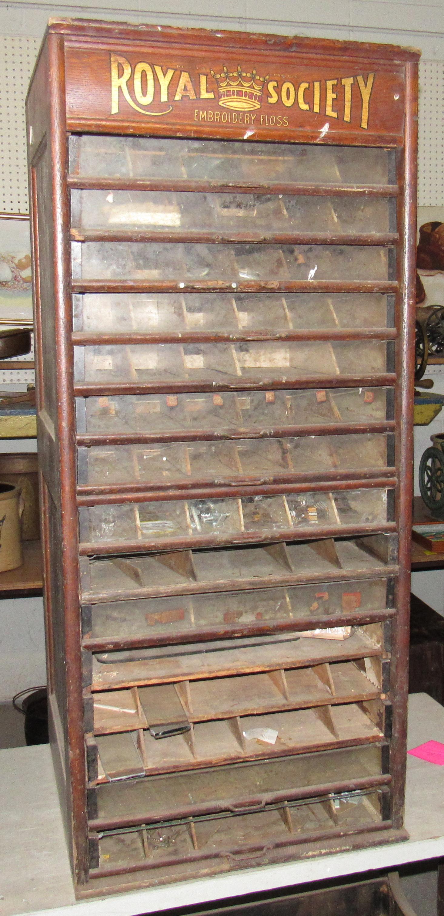 Miller Bros. Royal Society Oak Spool Cabinet: Approx 19" x 19 1/2" x 44" tall