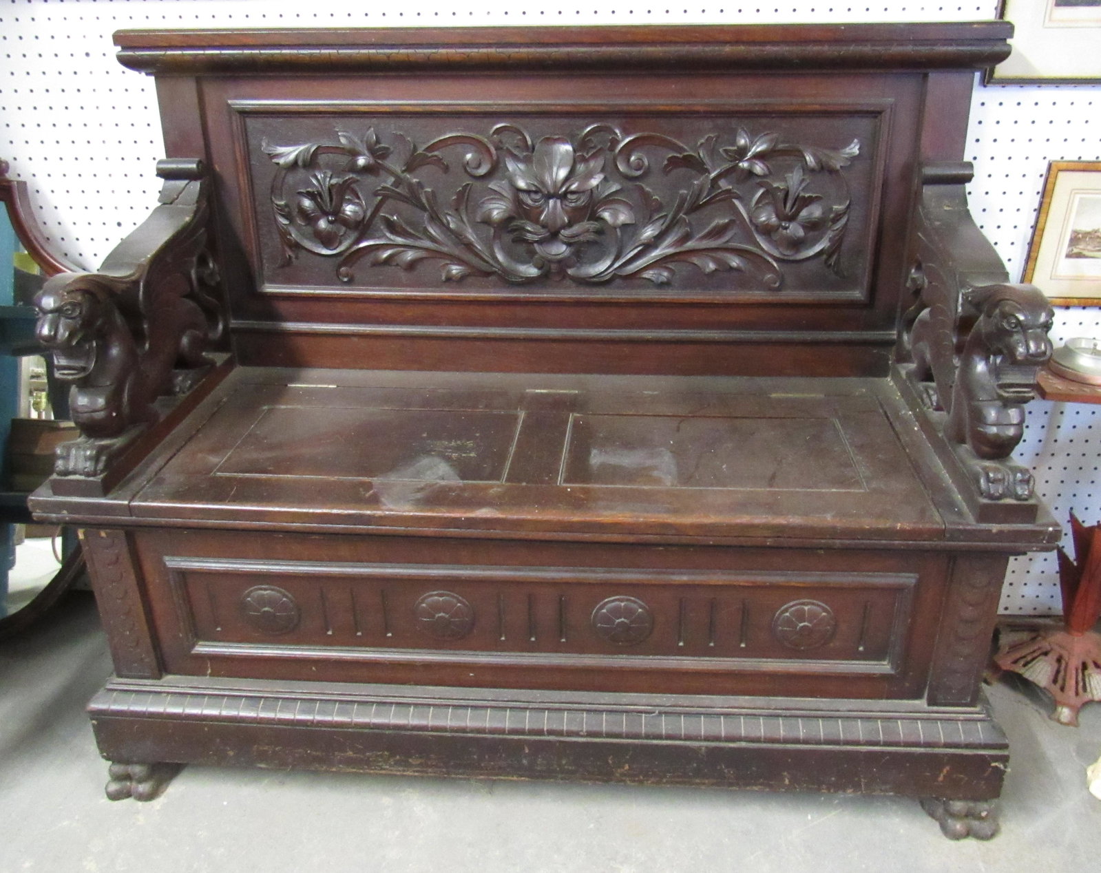 Carved Oak Bench w/ Dragons: Approx 18" x 48" x 39 1/2" tall.