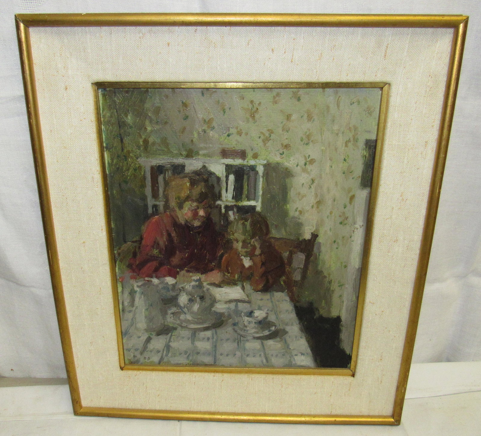 Bernard Dunstan Reading Lesson O/B Painting: Oil on board painting is approx 16 1/2" x 18 1/2"