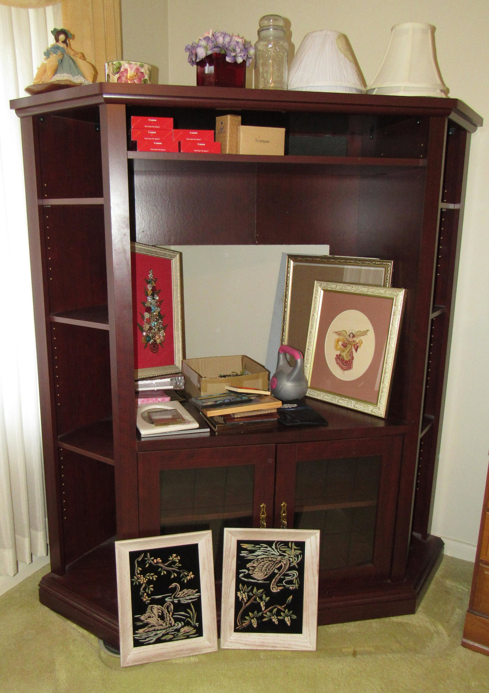 Corner Entertainment Center Picture Frames: Lot includes all pictured. Entertainment center is approx 58" across and 64 1/2" tall. Take what you want and leave the rest