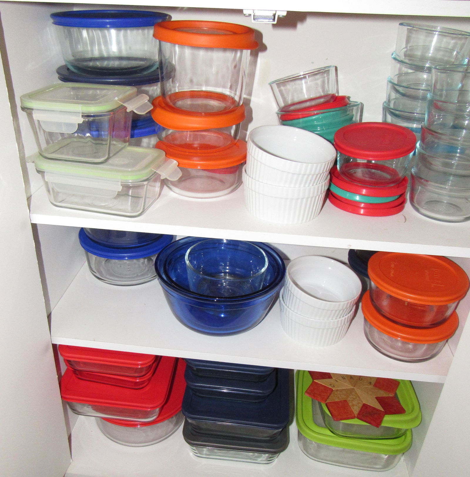 Pyrex Misc Food Storage Containers & Cabinet: Cabinet is approx 12" x 24" x 32" tall.