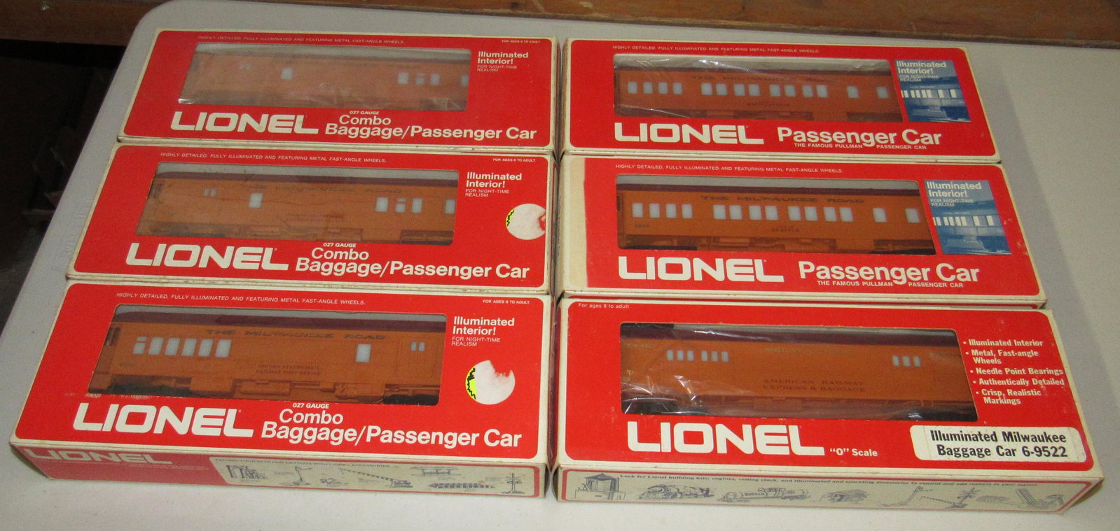 Lionel Milwaukee Rd Passenger & Baggage Cars: There is (3) #6-9506 United States Mail Post Office, City of Minneapolis, 6-9505 City of Seattle, 6-9522 American Railway Express Illuminuted Baggage Car