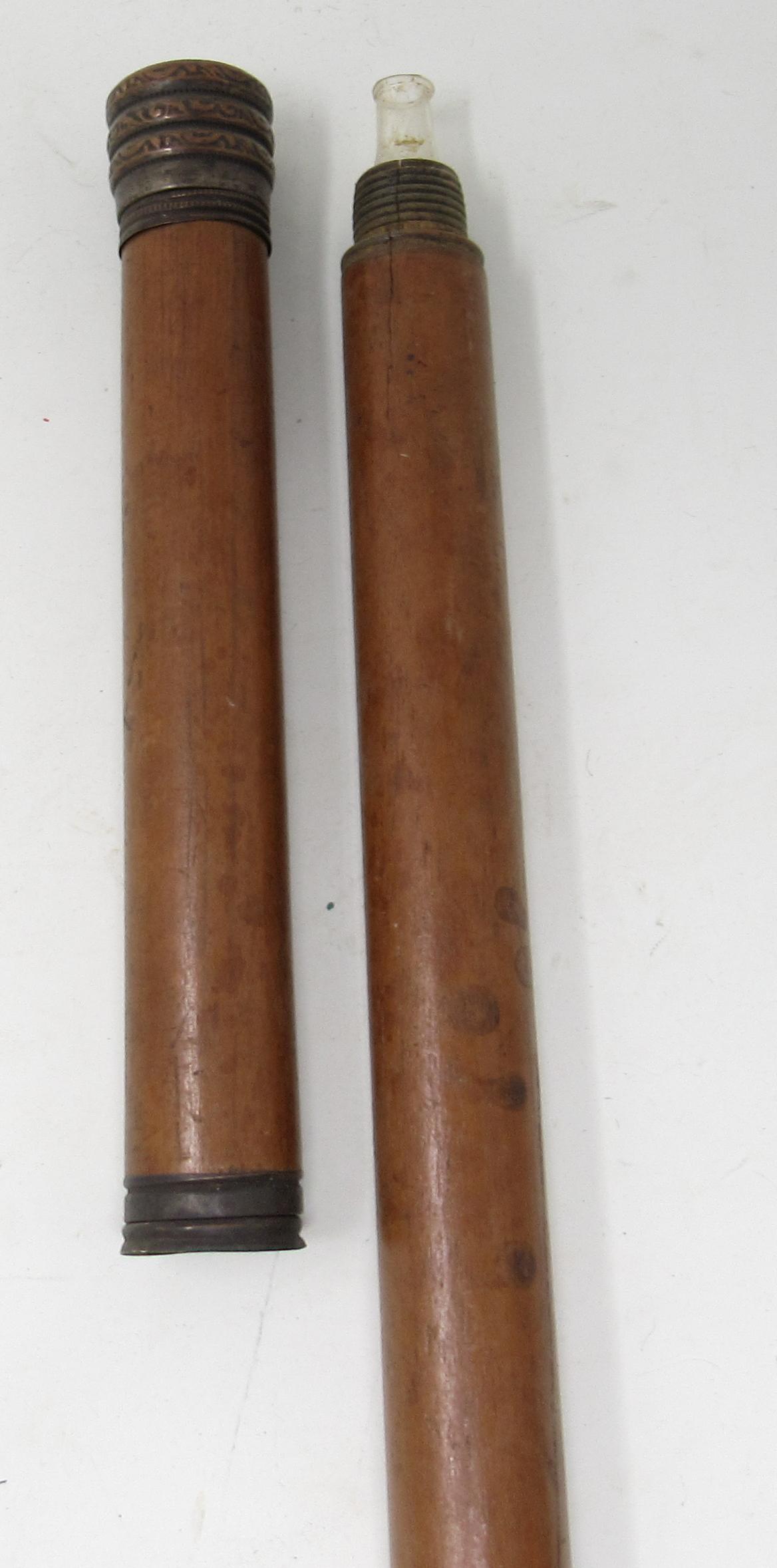 Antique Flask Cane Walking Stick with Cup: Walking stick is approx 34 1/4" long. It has a flask and cup. The cup is apprx 3/4" in diameter and 2 1/4" tall