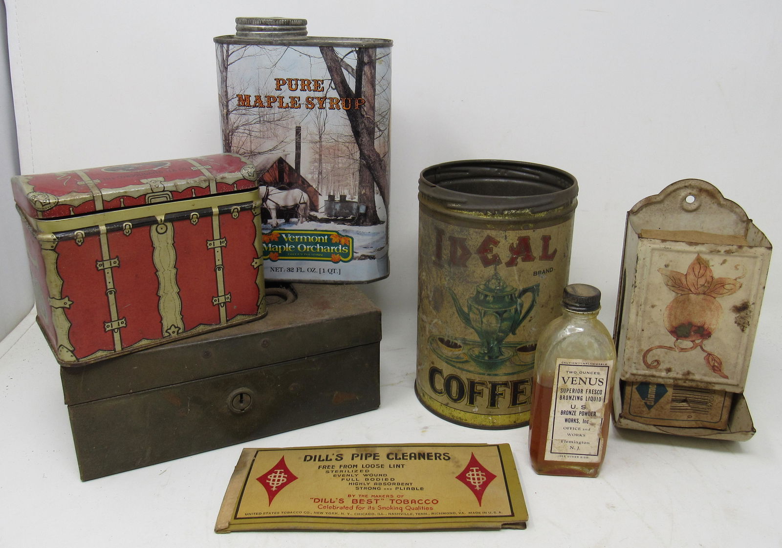 Tins Match Holder & Misc: Getting all pictured. Ideal tin is apprx 6 1/4" tall
