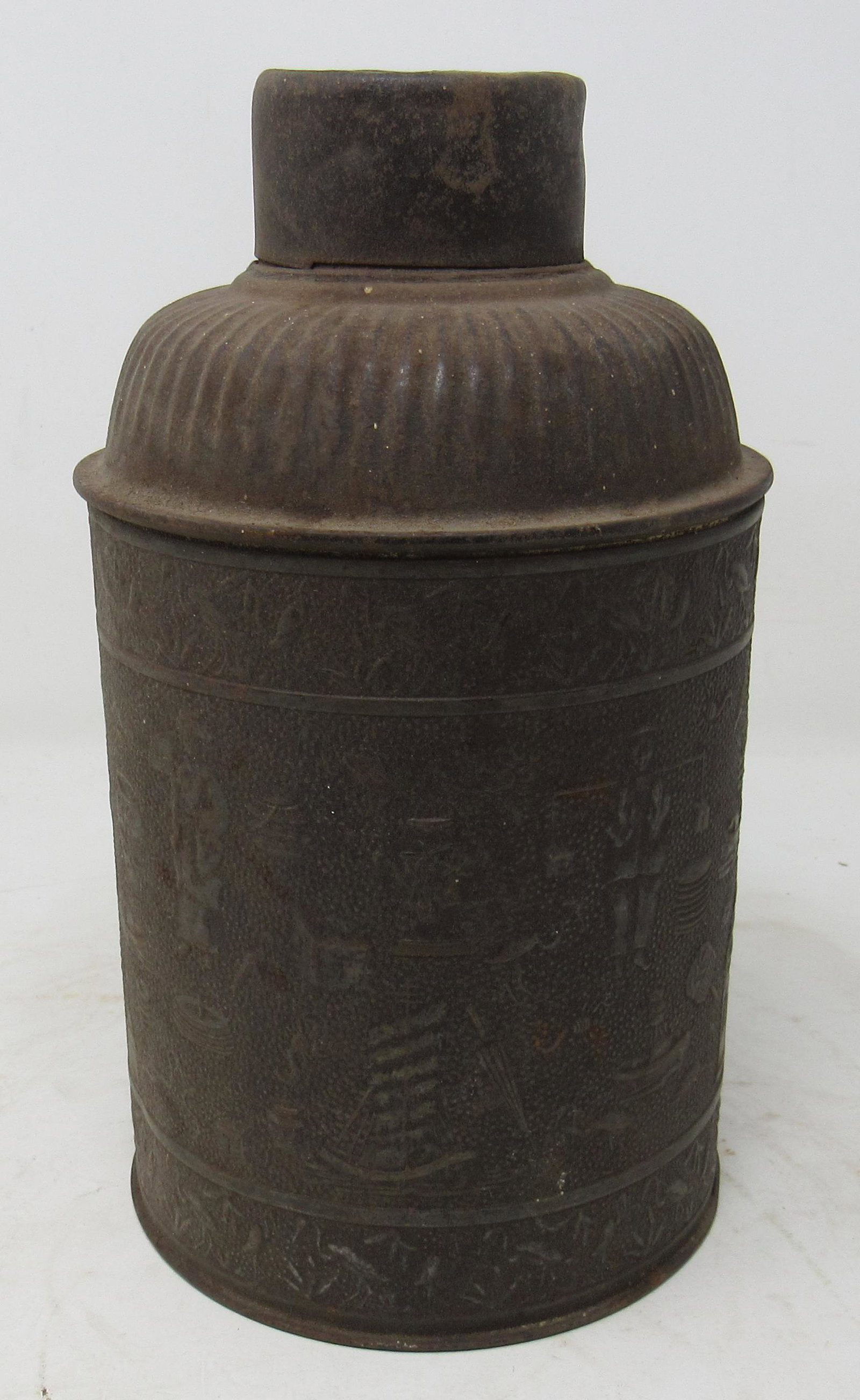 Antique Decorated Tea Tin: Approx 4 1/2" in diameter and 8" tall.