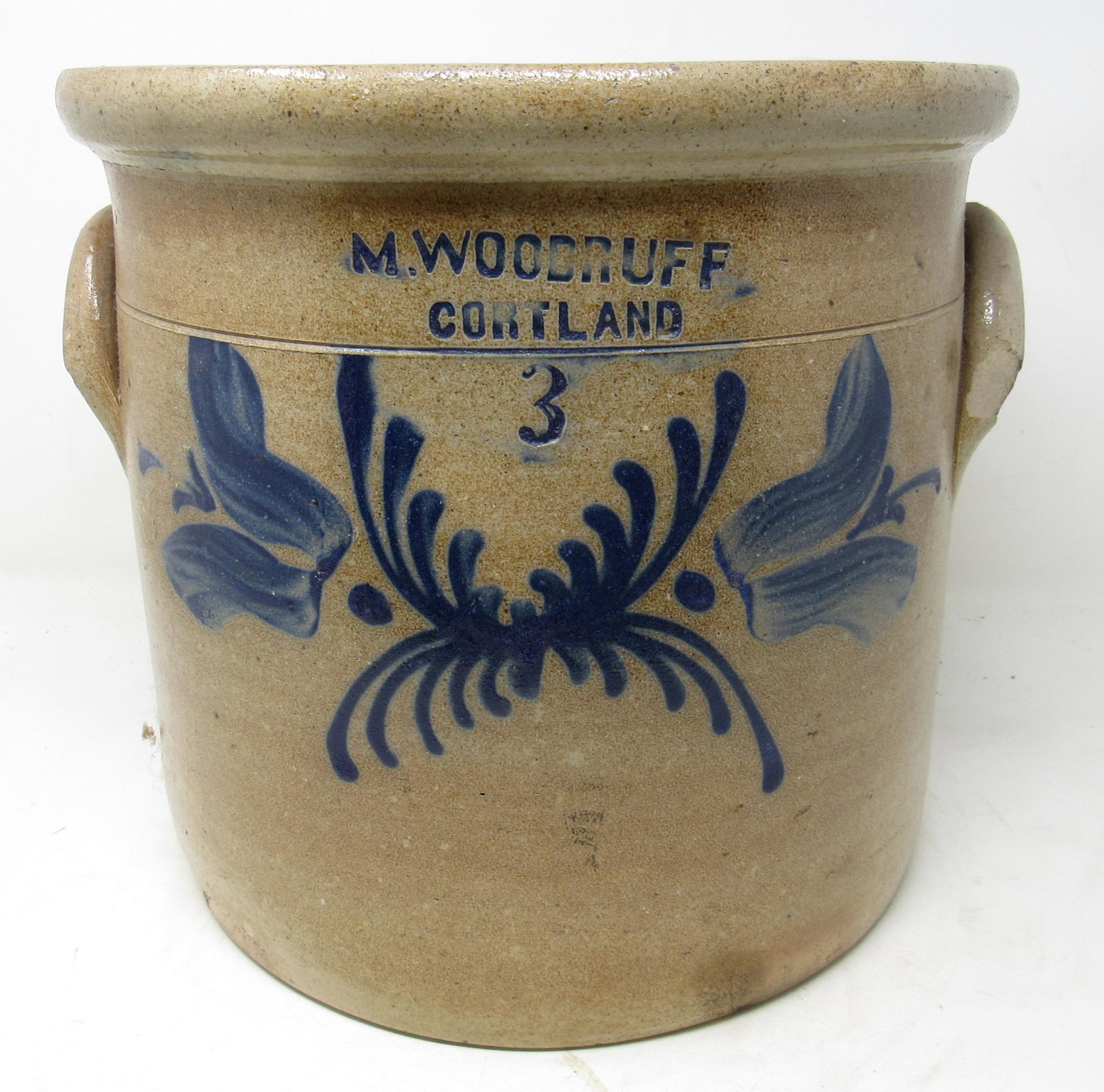 M Woodruff Cortland 3 Gallon Blue Decorated Crock: Stoneware crock is approx 11 1/4" in diameter and 10 1/2" tall.