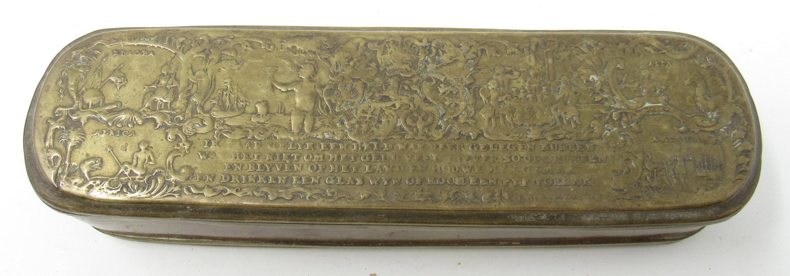 Antique Decorated Brass and Copper Comb Box: Approx 6 1/8" x 1 3/4" x 1 1/4" tall.