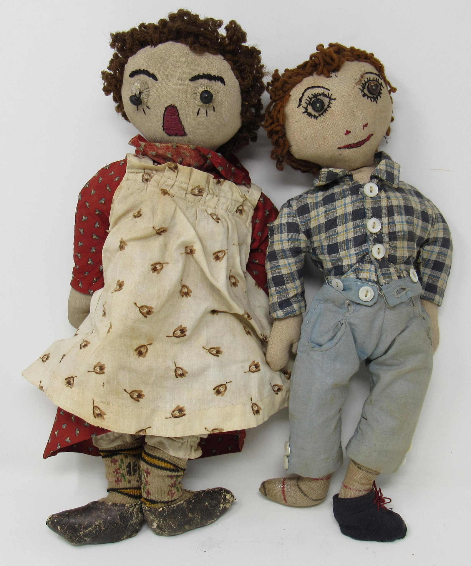 1852 Antique Rag Dolls: Approx 15" tall. One on left is dated 1852 under apron.