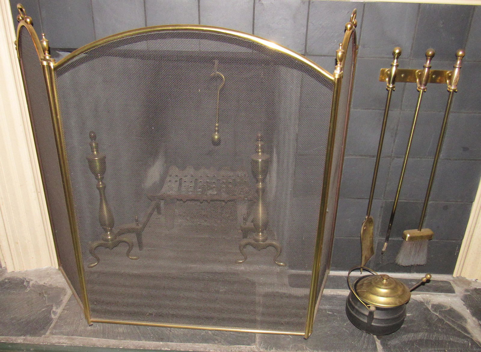 Fireplace Set Brass Andirons Tools Screen (1 of 5)