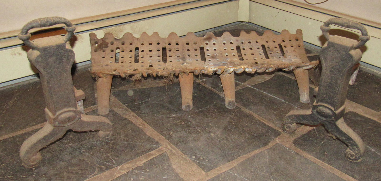 Log Holder Tongs and Andirons: Andirons are approx 18 1/2" deep and 16" tall