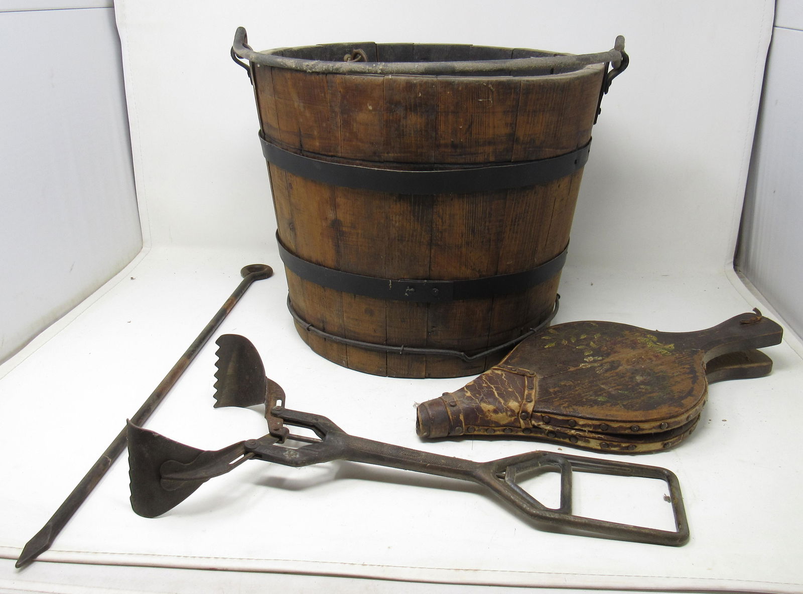 Wooden Bucket w/ Fireplace Tools (1 of 4)