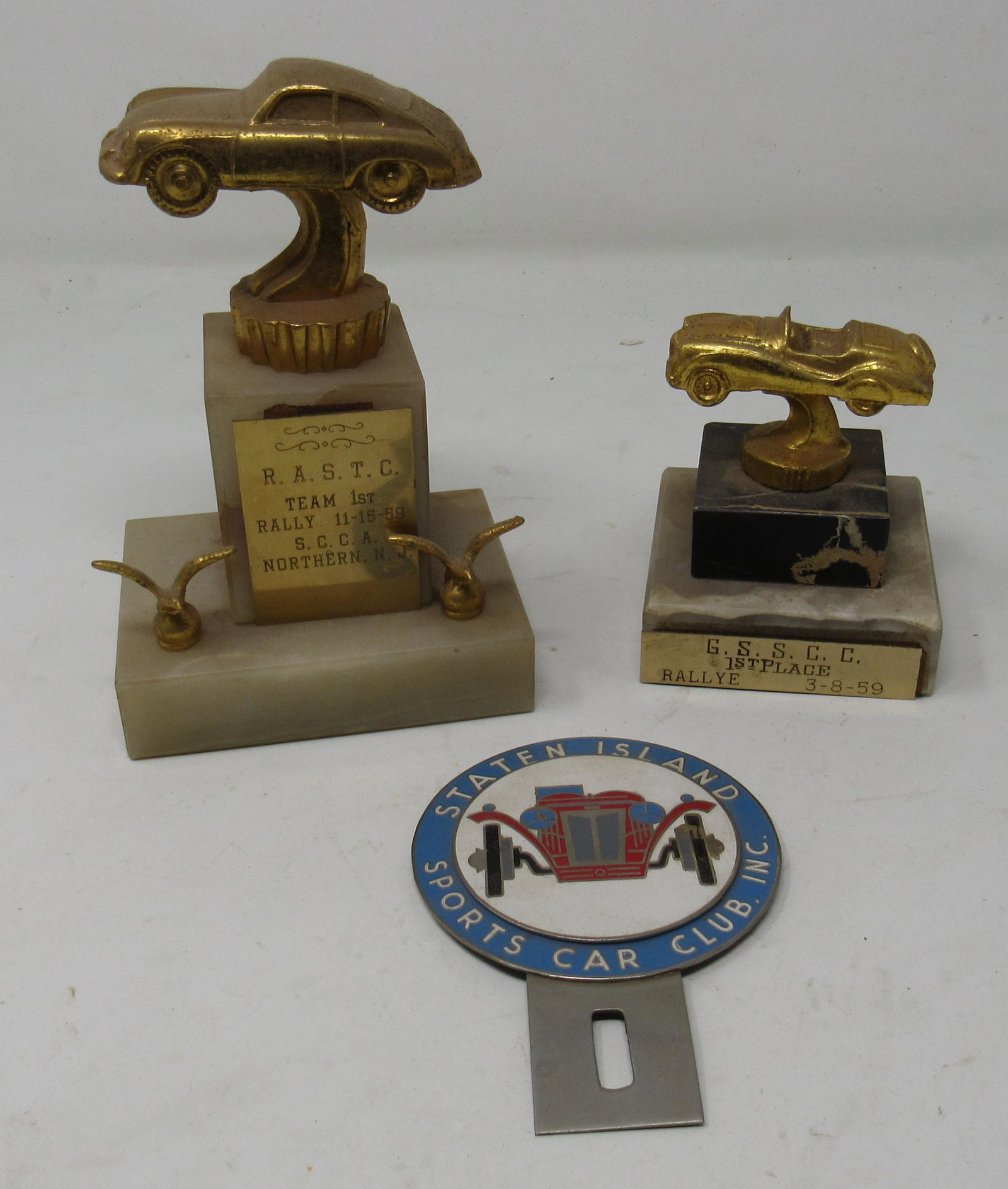 Staten Island Sports Car Club Bumper Tag: Also includes 1959 Trophies. Tallest trophy is apprx 6 1/4" tall
