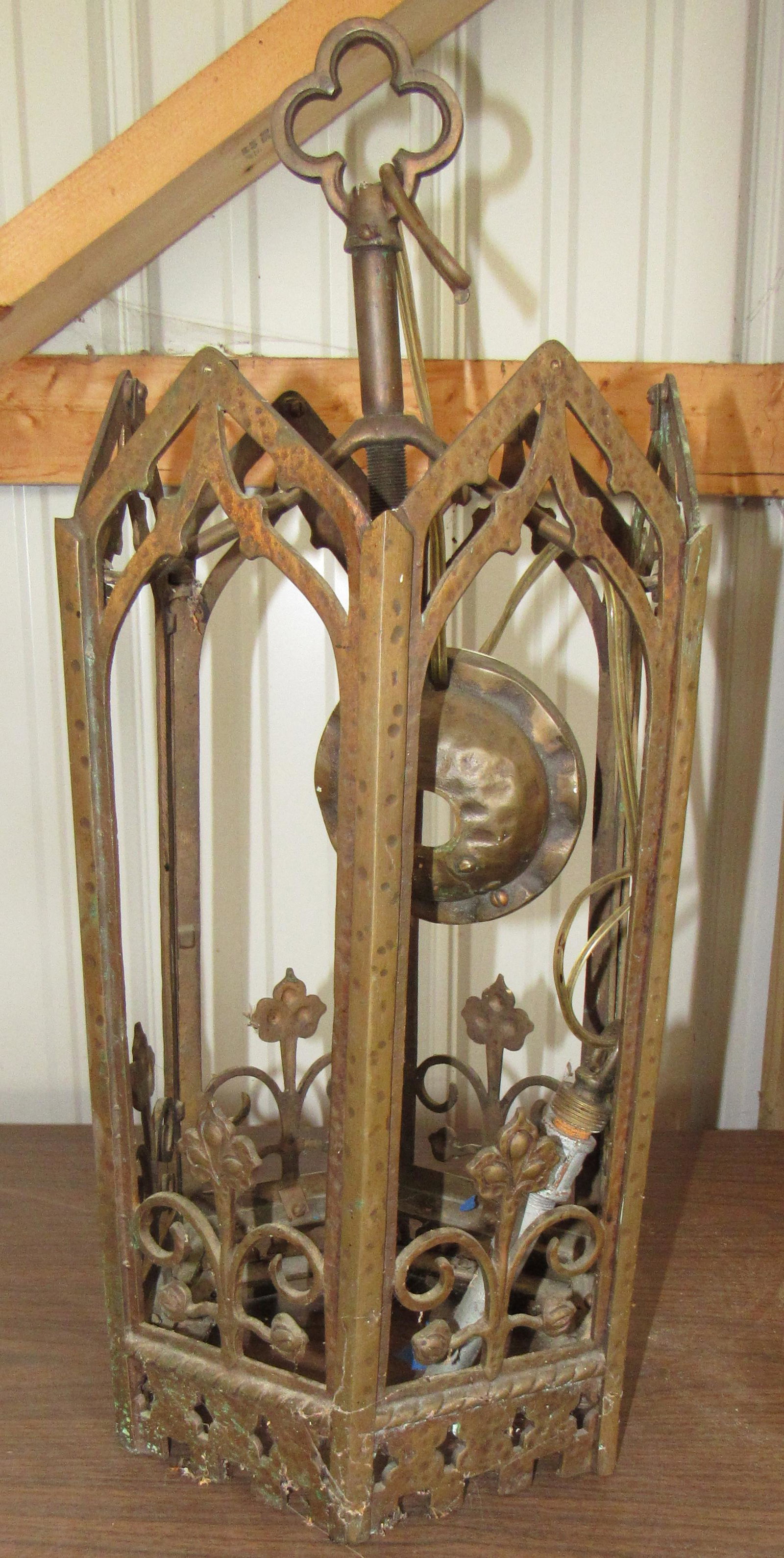 Arts and Crafts Style Hanging Brass Light Fixture: Approx 24" tall and 10" across.
