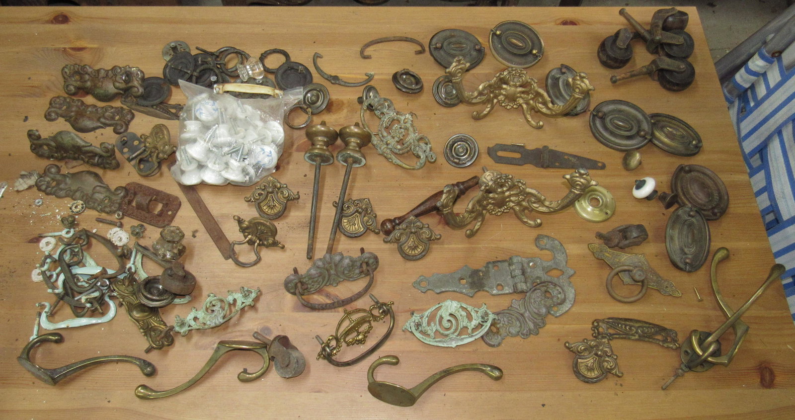 Antique Furniture Hardware Drawer Pulls & Misc: Getting all pictured on table