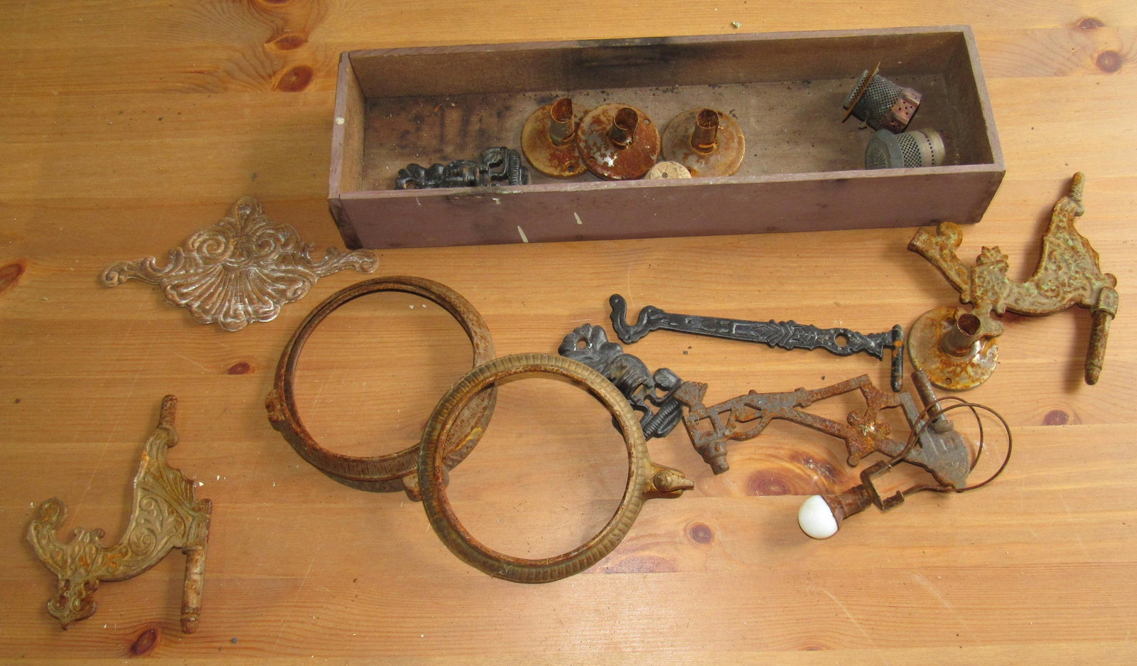 Lamp Brackets Hardware Small Wood Box: Box is approx 4 1/2" x 16 1/2" x 2 1/2" tall.