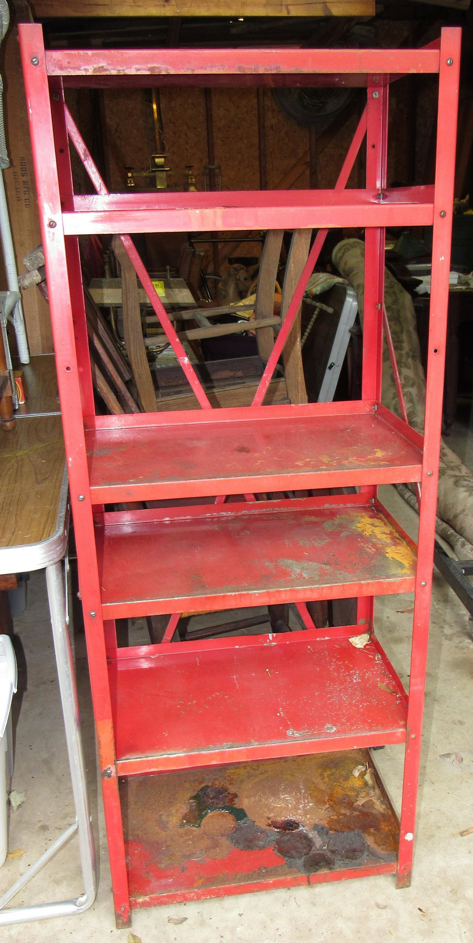 Vintage Red Painted Metal Shelf: Approx 12 3/4" x 21" x 54" tall