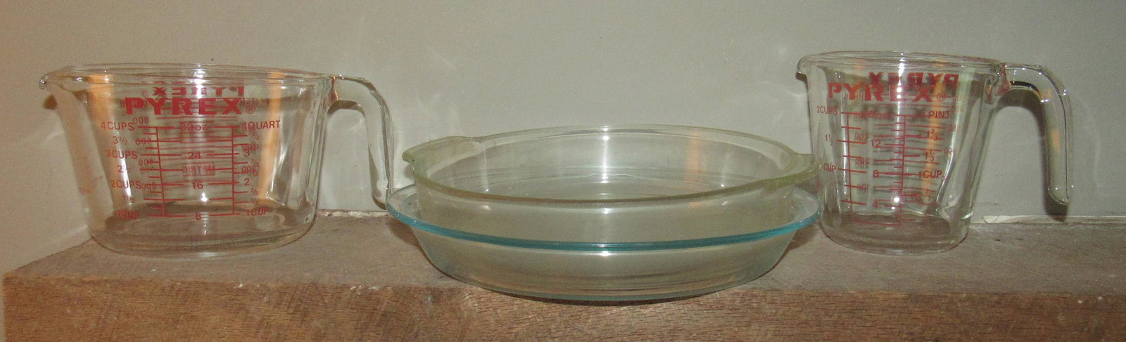 Pyrex Measuring Cups and Pie Plates: Largest measuring cup is 4 cups