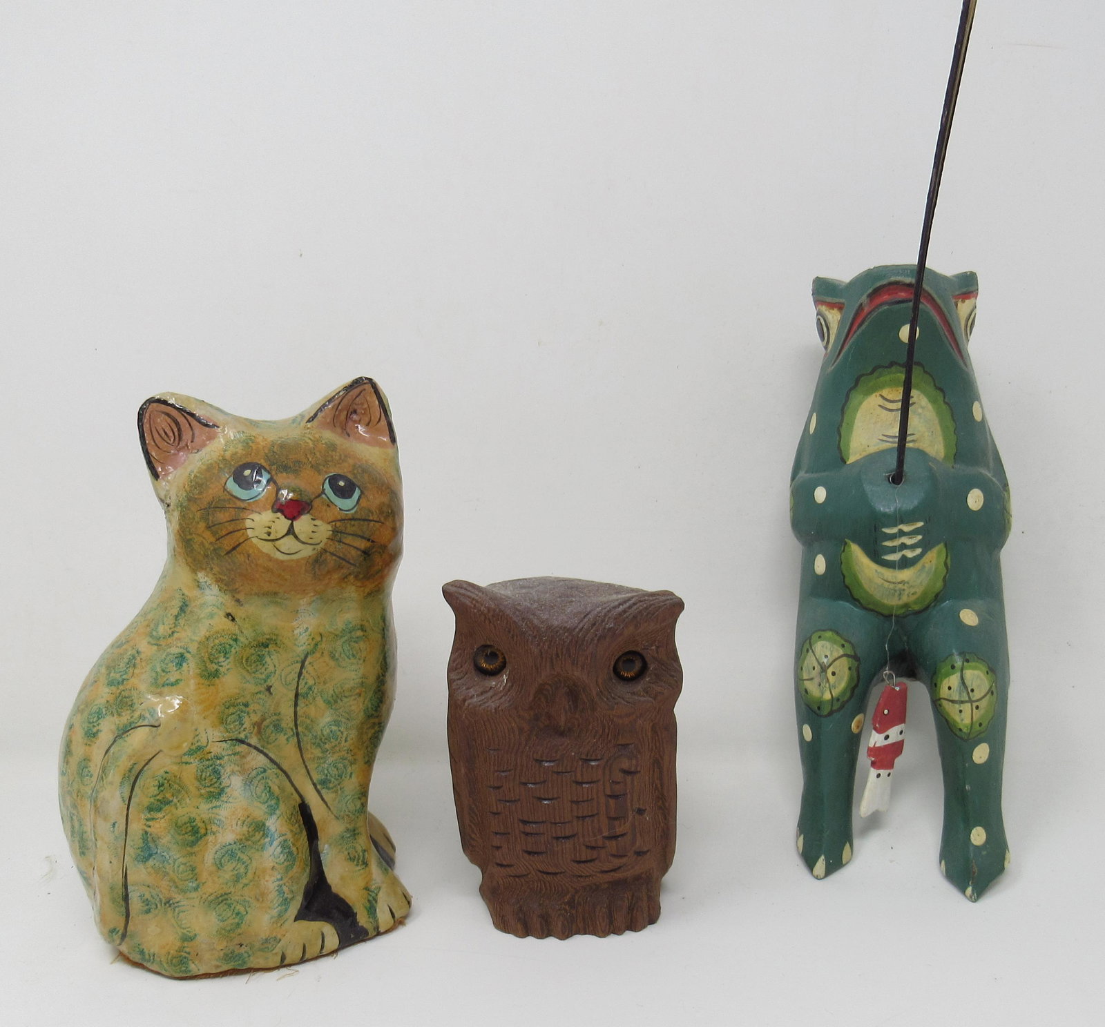 Wood Carved Frog California Redwood Owl: Owl is approx 4" tall. Also includes cat, which is believed to be paper mache