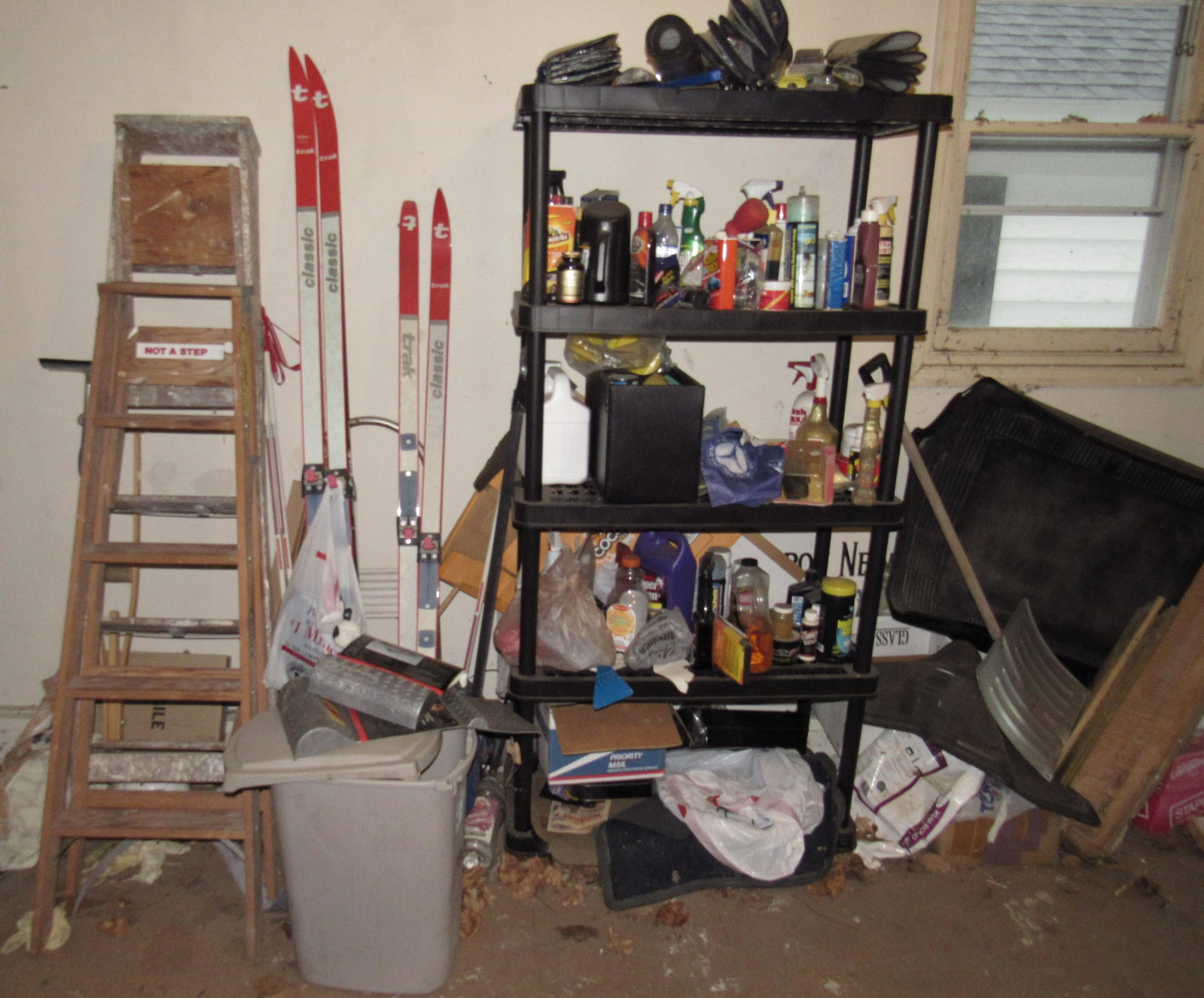 Shelf with Contents Incl Ladders: Lot includes shelf with contents and all items pictured along wall. REMOVAL IS DAY BEFORE SCHEDULED PICK UP DAY , FROM 9AM-11AM . NO EXCEPTIONS !