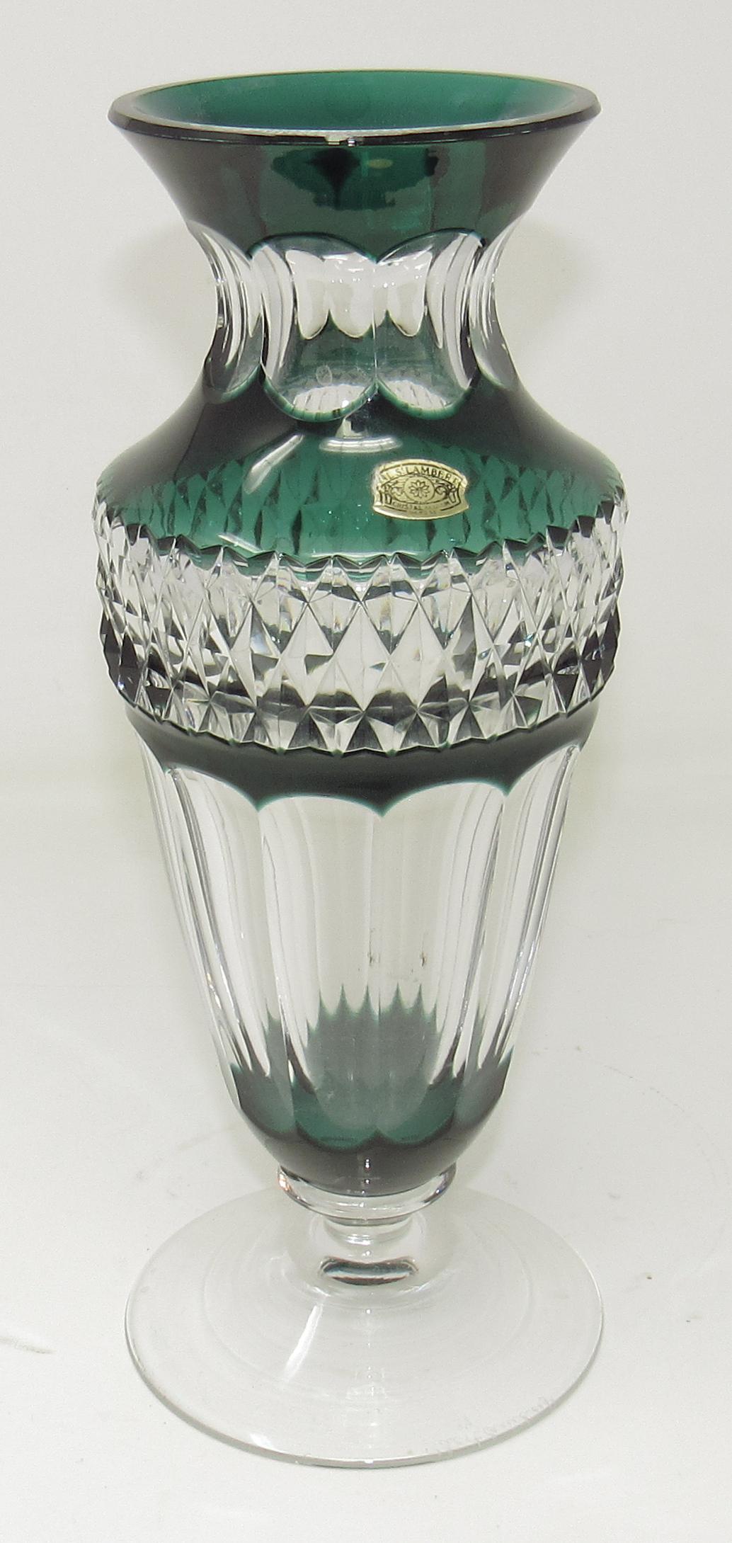 Val St Lambert Cut to Clear Vase Signed: 10" tall and 3 3/8" in diameter at top