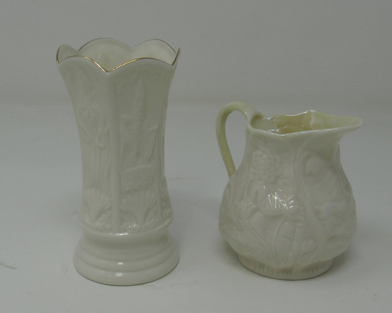 Belleek Vase and Creamer: Vase is apprx 4 1/4" tall
