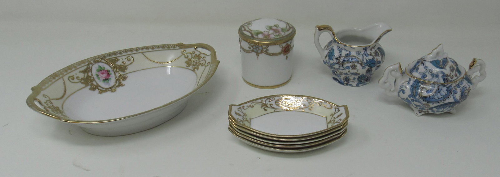 Nippon Bone Dishes Lefton Creamer & Sugar: Large tray is marked Japan and is approx 4 7/8" x 7"
