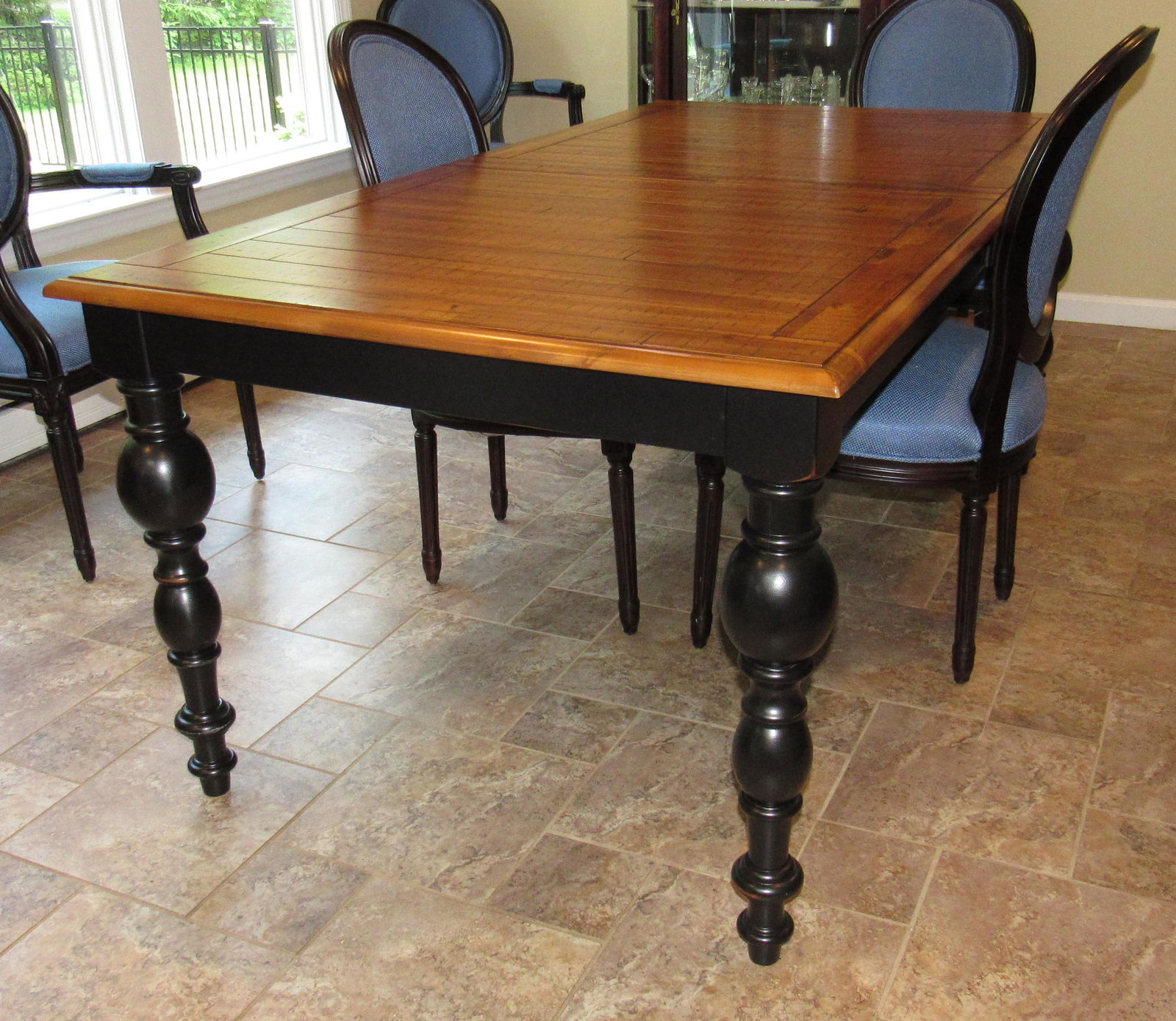 Farm Style Dining Room Table: Approx 39" x 72" . Comes with an extra leaf that is apprx 24" wide