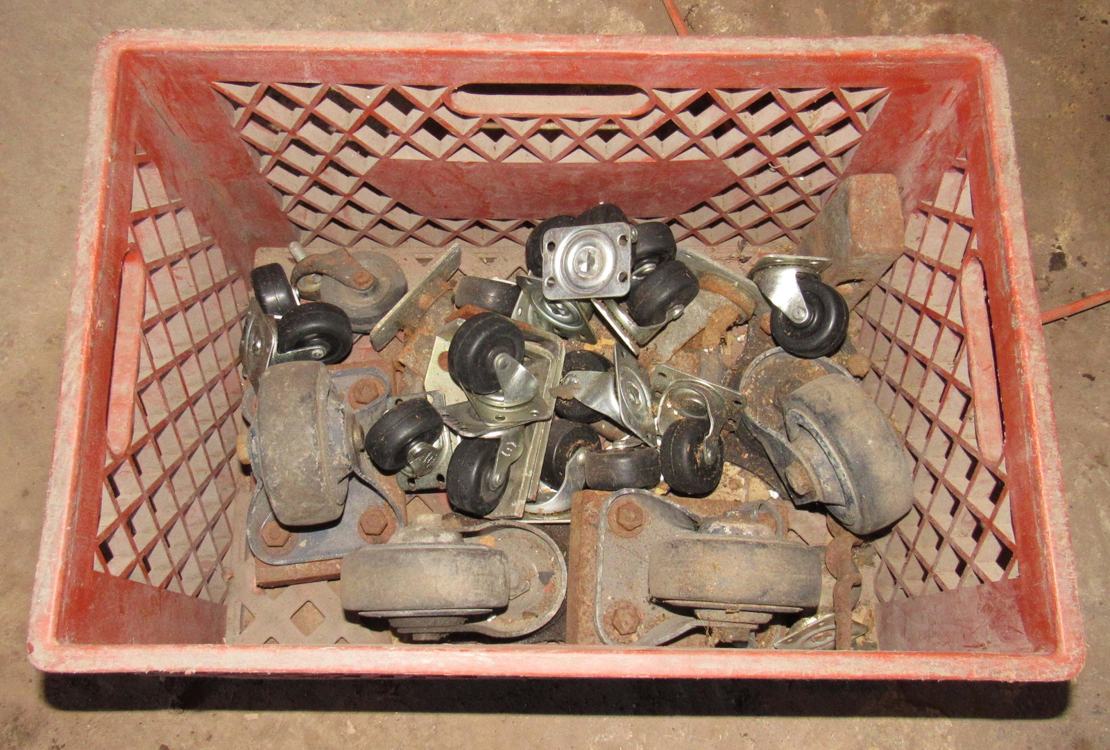 Milk Crate with Casters: Large ones are approx 4" in diameter. Small ones are swivel and 2" in diameter