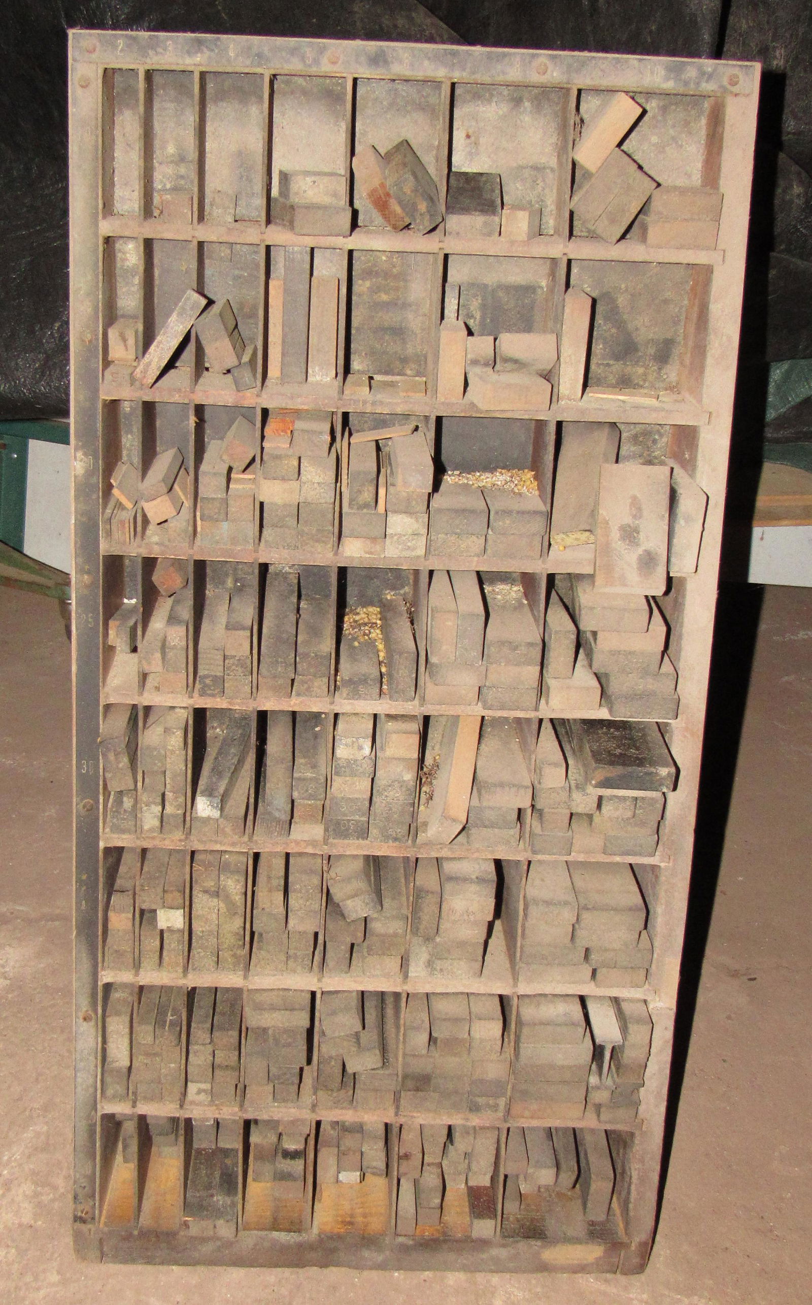 Thompsons Printers Cabinet: Approx 10 3/4" x 16" x 31" tall. Filled with wooden blocks