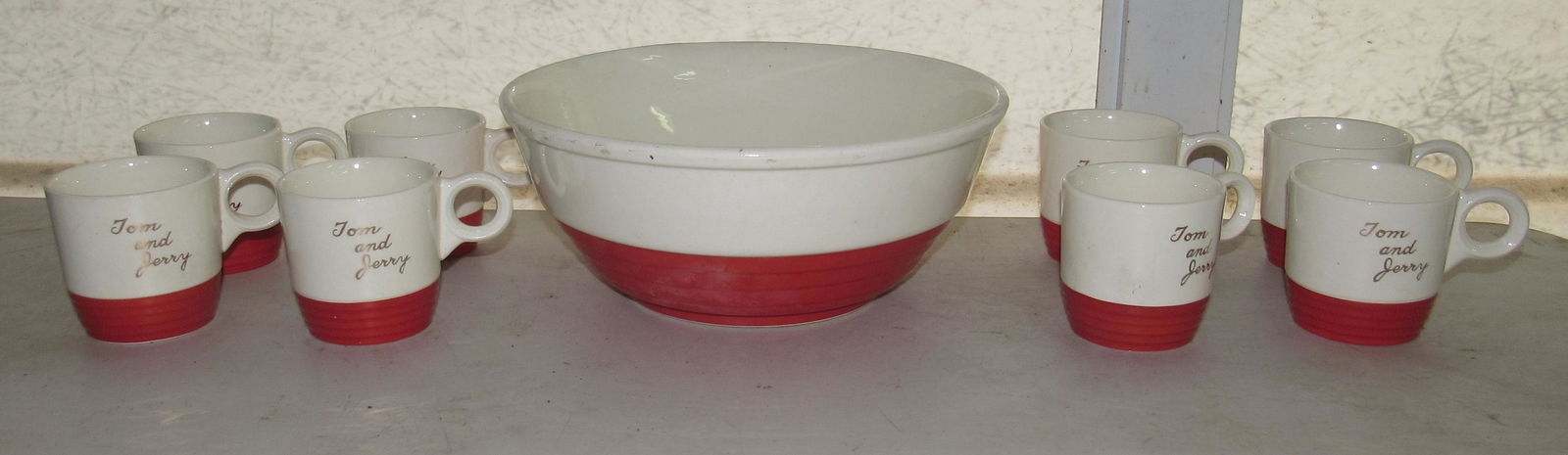 Mixing Bowl w/ Tom and Jerry Mugs: Bowl is approx 10 1/2" in diameter and 4" tall