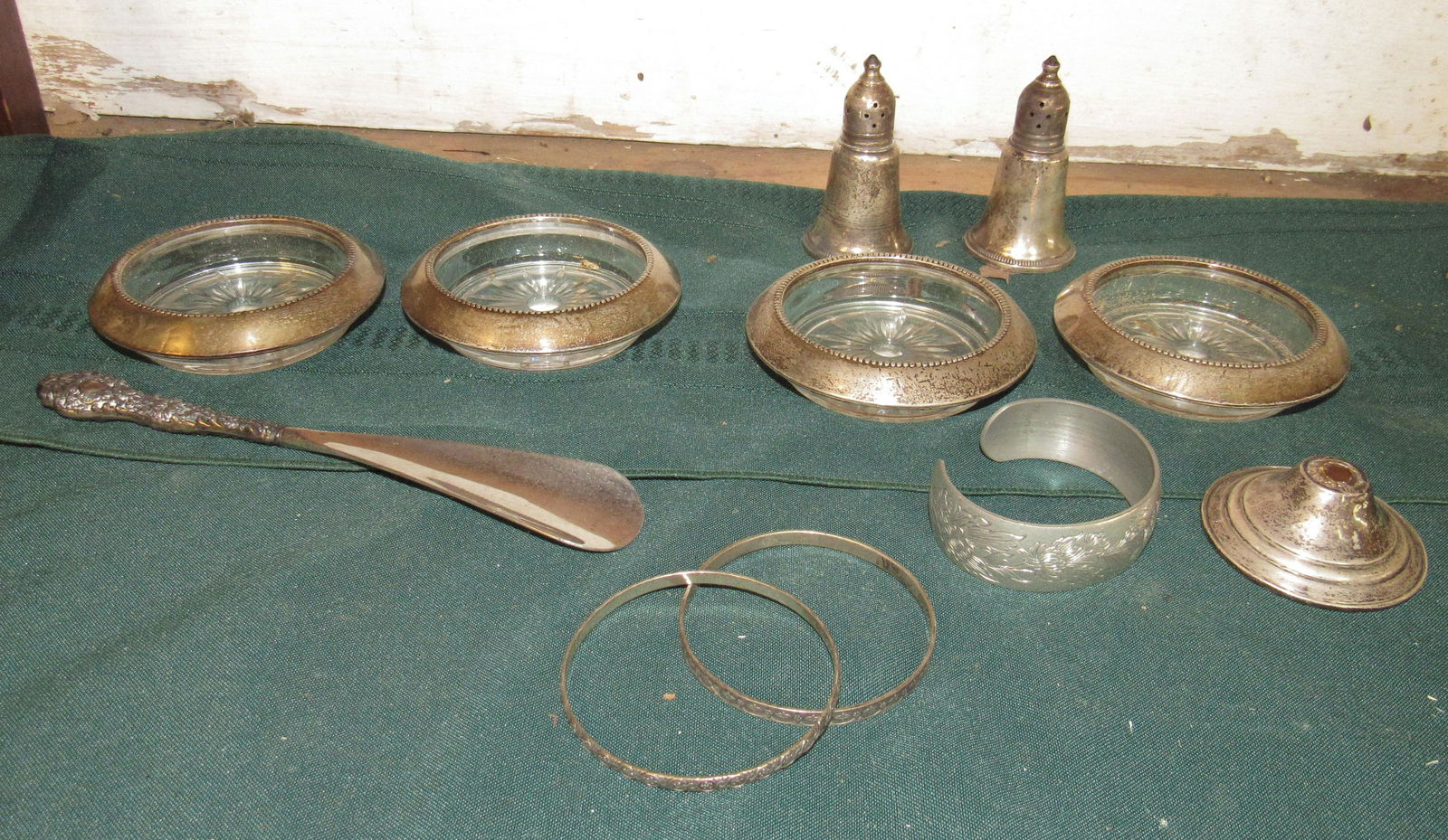 Sterling Silver Bracelets Shaker: Shoe horn & coasters are not marked sterling and cuff bracelet is pewter