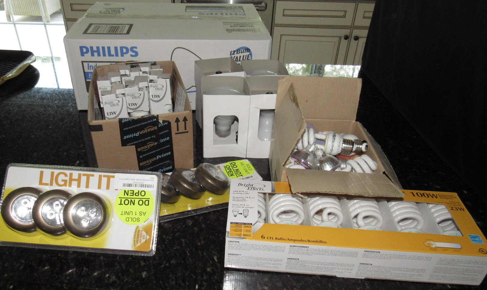 Lightbulbs: Getting all pictured. The indoor flood light 65w box is full