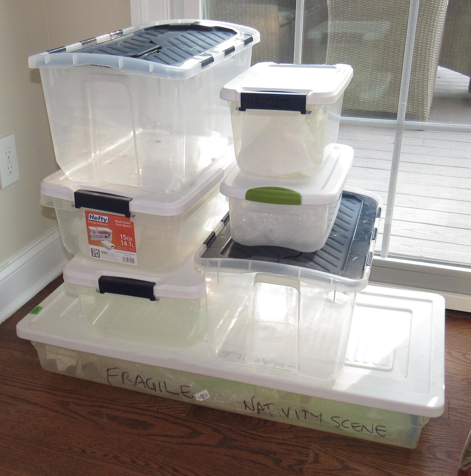 7 Plastic Totes: Largest is apprx 17" x 34" x 6" tall