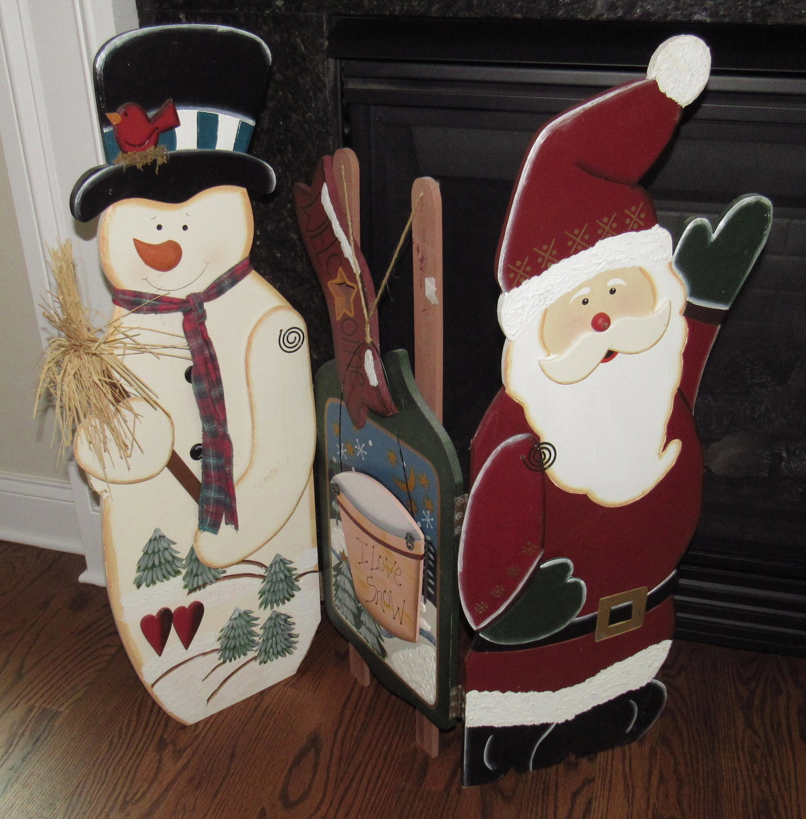 Folding Santa & Snowman Christmas Decoration: Approx 35" x 36" tall. Has hooks on the back to also hang